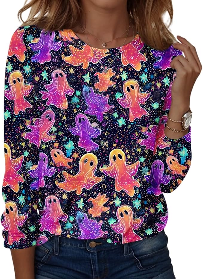 Halloween Shirts for Women Long Sleeve Plus Size Fashion Crewneck Comfortable Tshirts Halloween Costumes for Women