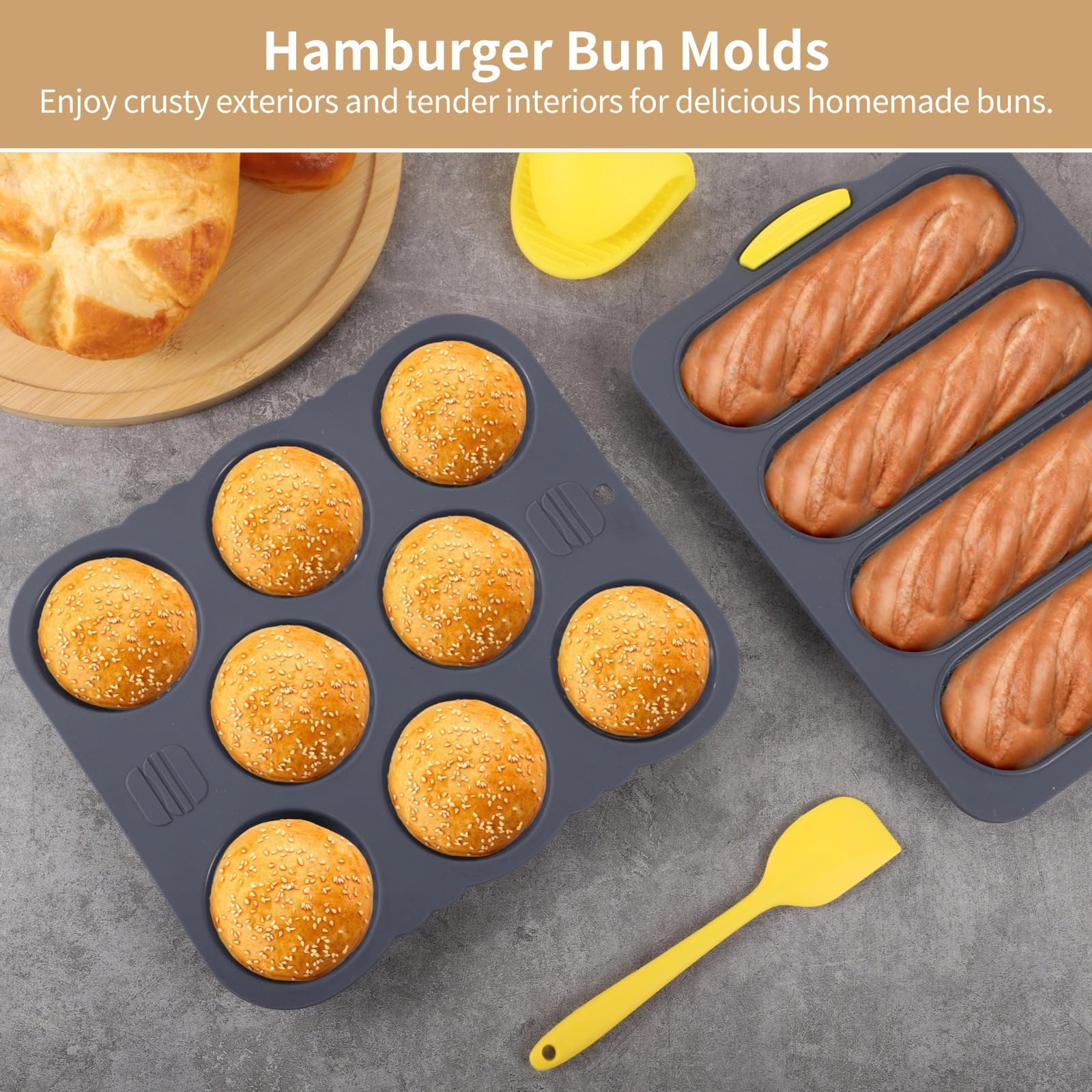 Juego de 6 moldes para hamburguesas para hornear, molde de pan de hamburguesa de 4/8/9 tazas, molde de silicona para hornear pan francés con cepillo, espátula y guante de agarre, sartenes perforadas