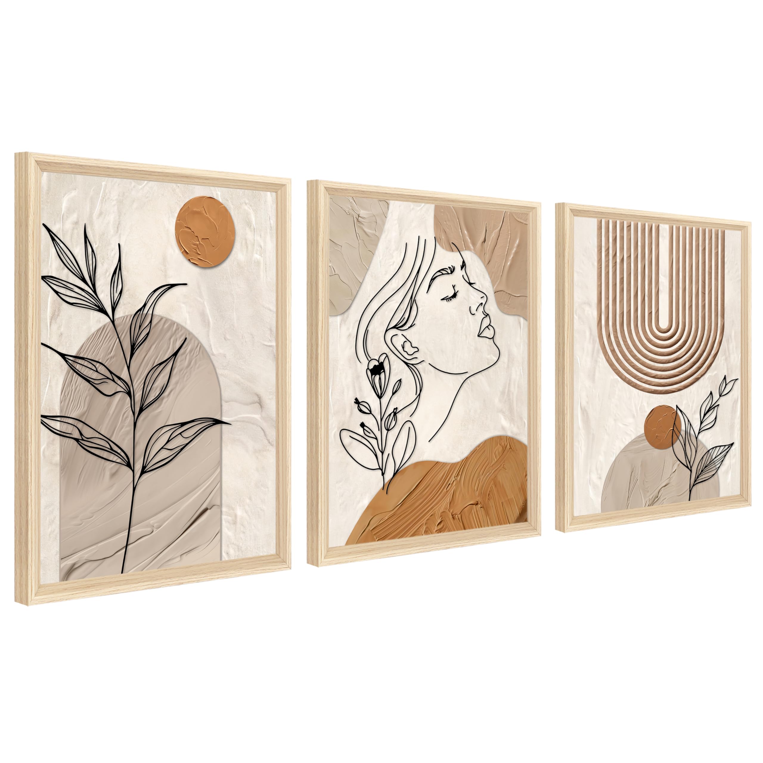 3Pcs Wooden Framed Boho Canvas Wall Art Orange Abstract Leaves And Sun Painting Canvas Prints Nordic Minimalist Geometric Picture for Living Room Bedroom Hallway Home Wall Decor 120x60cm(16"x24"x3pcs) — view 47