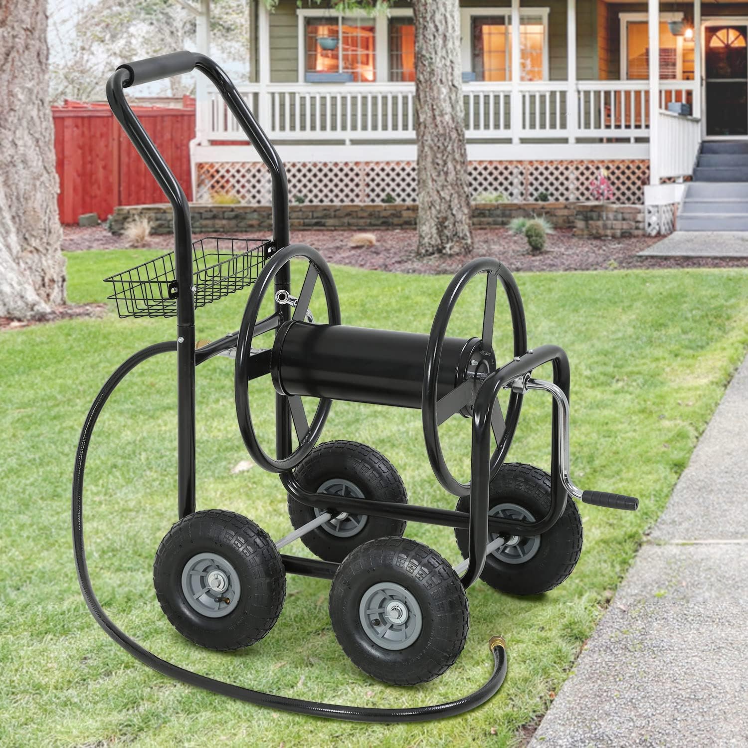 Heavy Duty Garden Hose Reel Cart With Wheels - Holds 300-Feet of 5/8-Inch Hose for Outdoor Water Planting - Durable Powder Coat Finish, Black