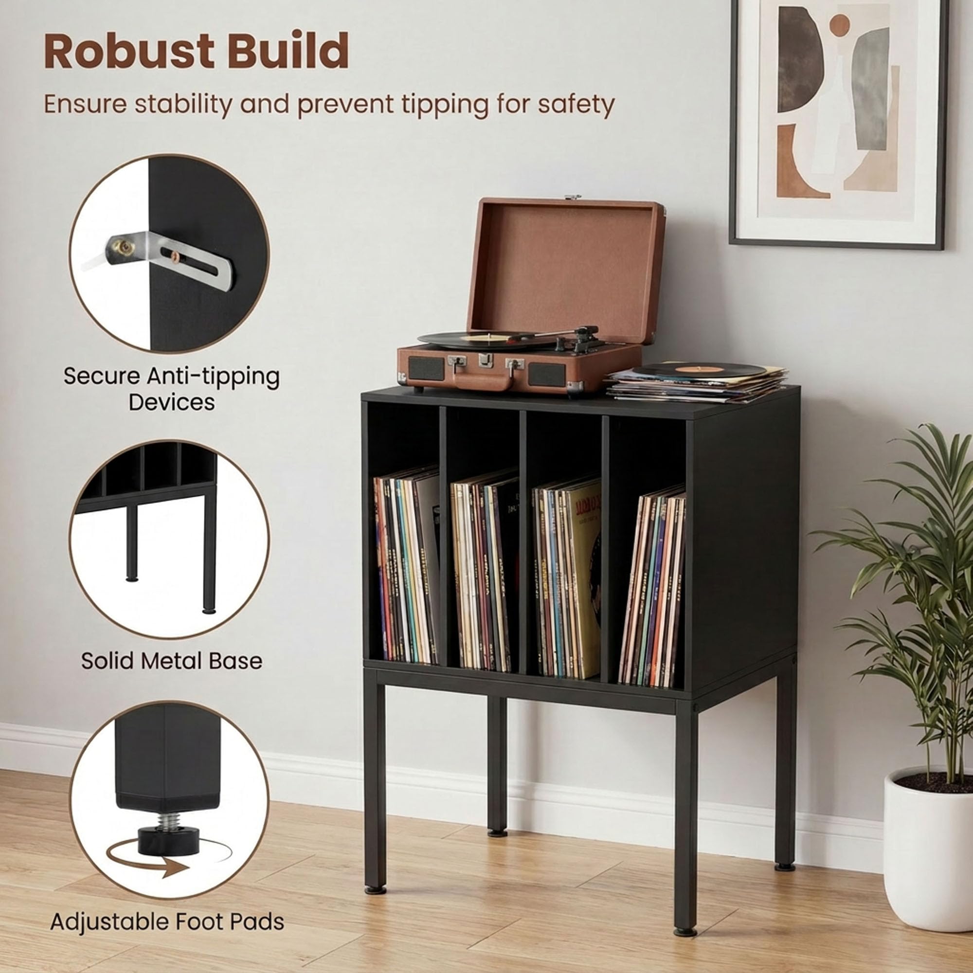 KOMFOTTEU Supporto per Giradischi in Vinile con Stazione di Ricarica (Nero) | Struttura Legno-Metallo, Piano Superiore + 4 Scomparti Porta Album, Design Moderno Multifunzione, 50x40x81 cm