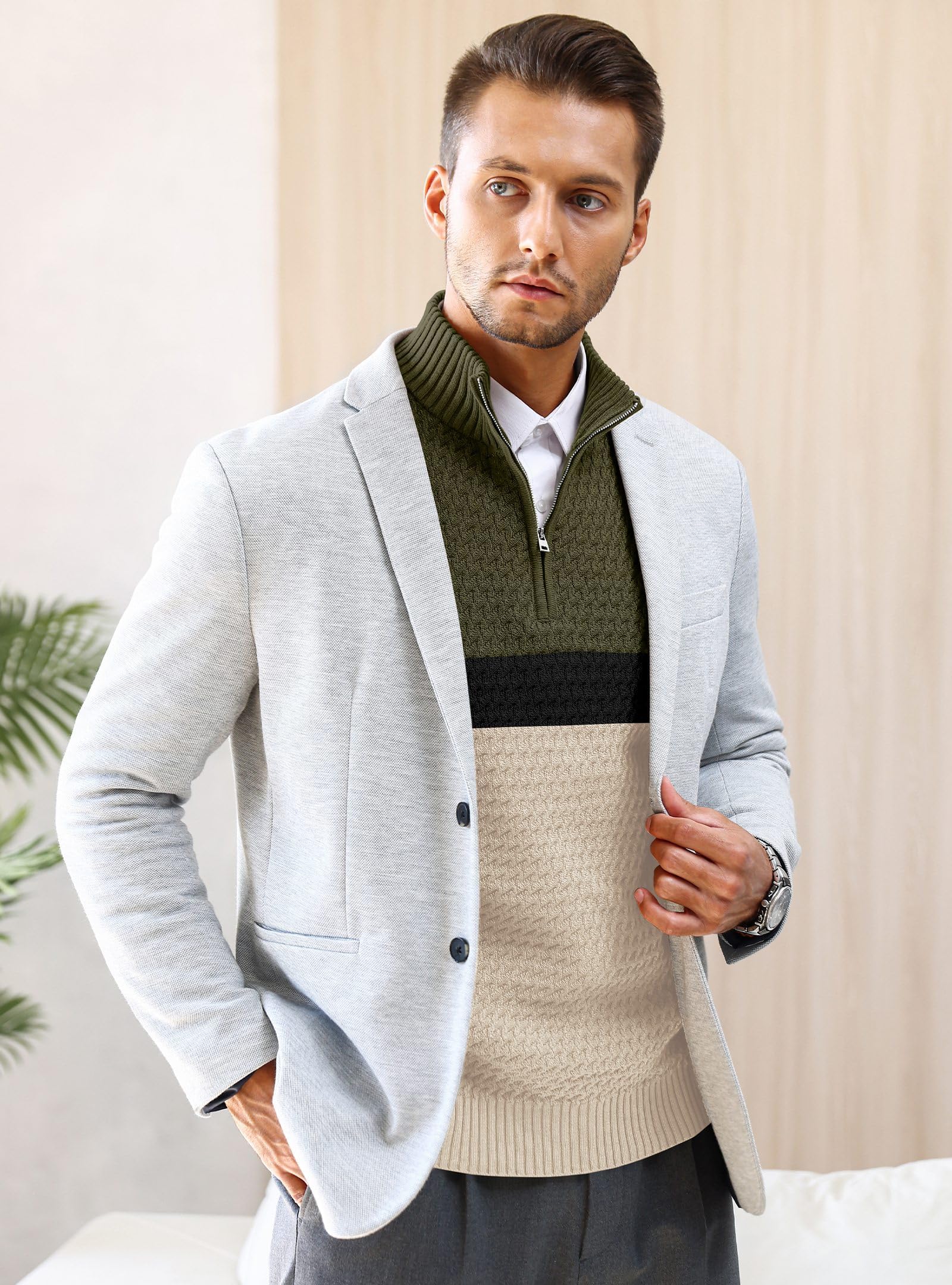 Zaitun Jersey de punto con cremallera de un cuarto para hombre, cuello alto, manga larga, casual, cálido, cómodo, ajustado, suéter de invierno para hombre