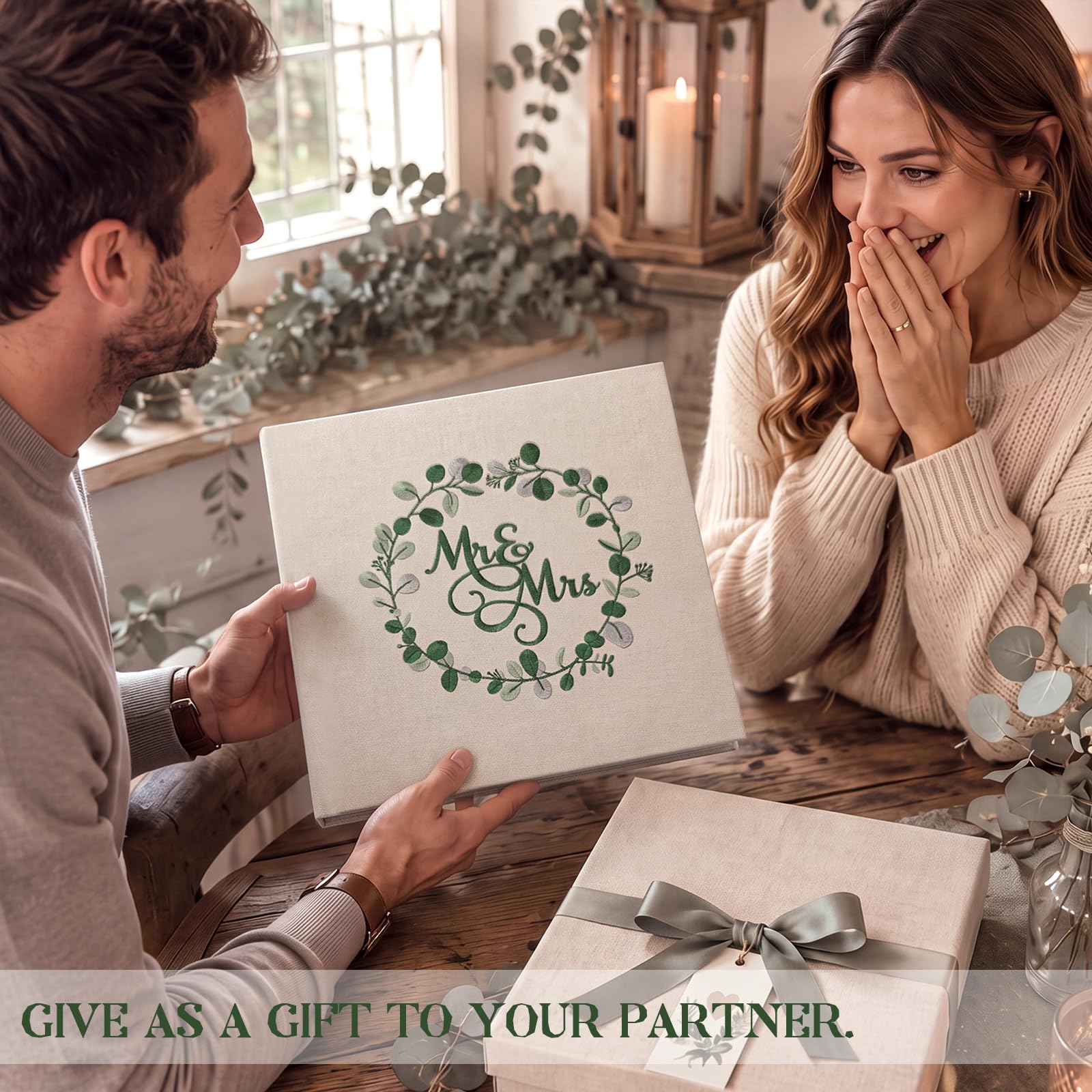 MotiMind Eucalyptus Leaf Embroidered Linen Wedding Photo Album 12.99x11.81 Inches with 400 Pockets Vintage Wedding Memory Book for Engagement Photo Honeymoon Keepsake Couple Anniversary