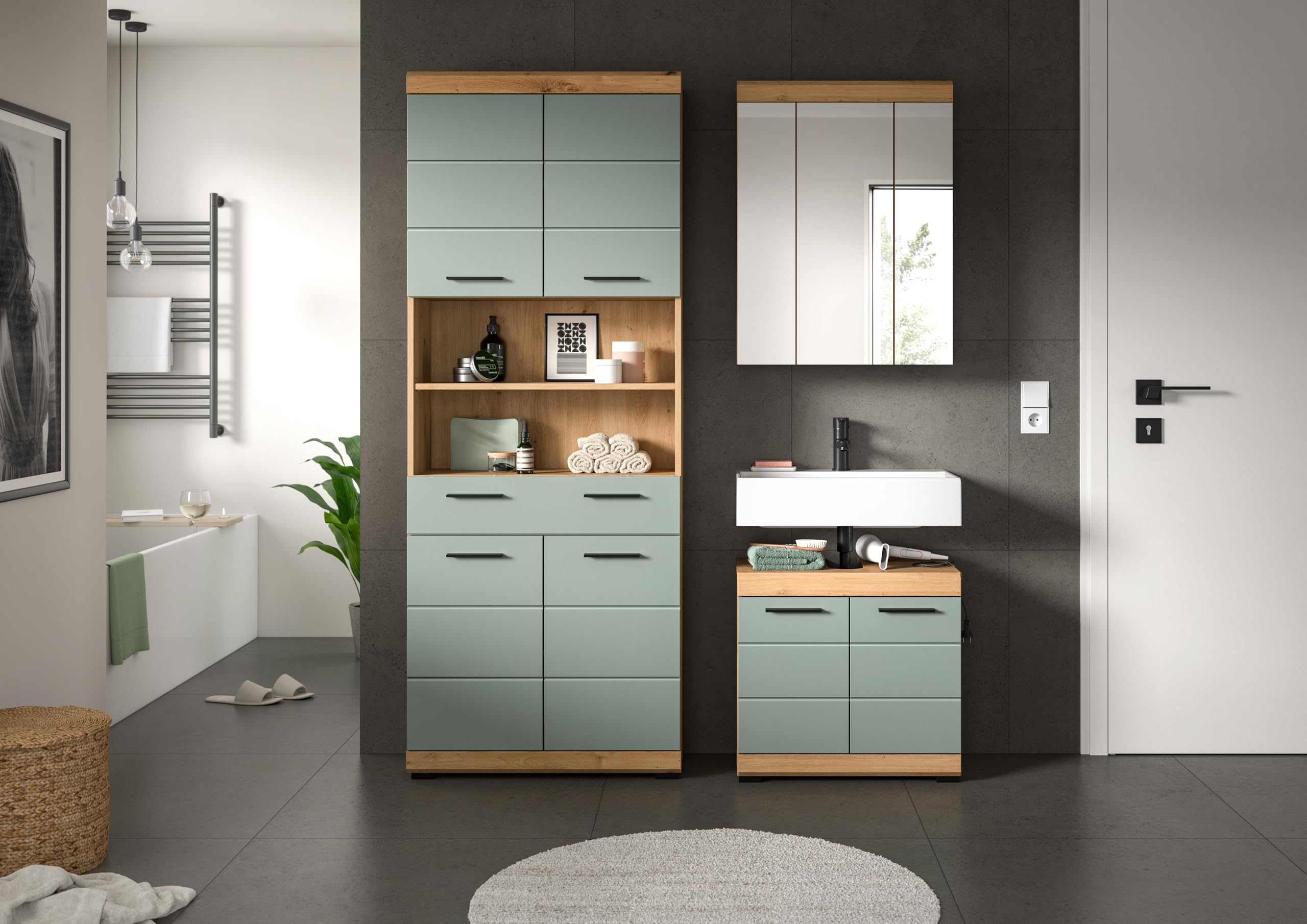xonox.home – Badkombination Scout 149x191x34 cm in Artisan Eiche und Salbei Nachbildung – Zeitgemäße Badezimmerlösung mit Stauraum – kompakt – Bild 6