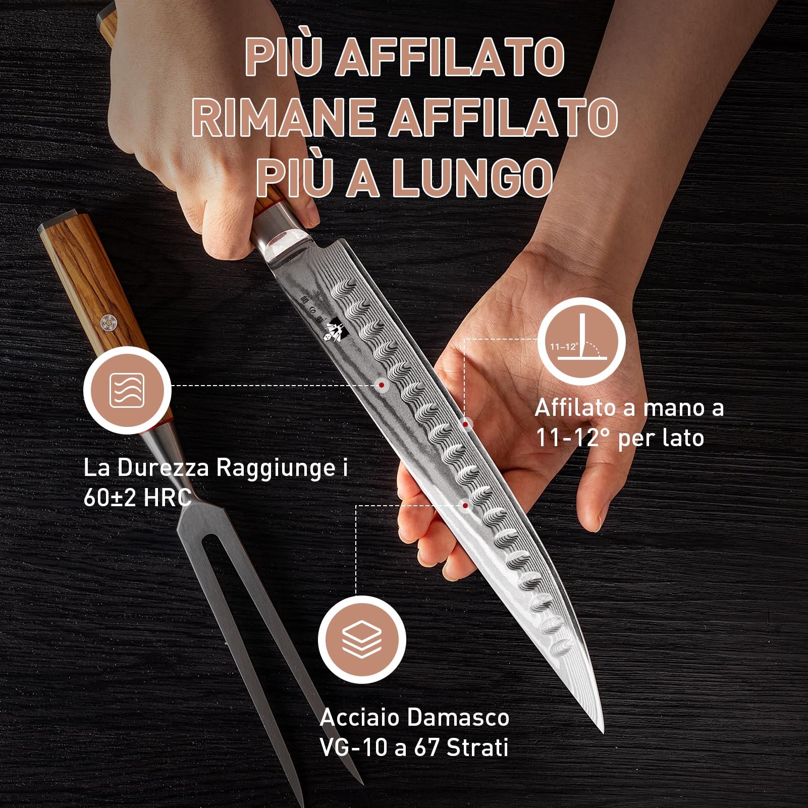 Set di Coltelli da Intaglio e Forchetta, 67 Strati VG10 Acciaio al Carbonio Alto Coltello da Carne 22,5CM, Coltello e Forchettone per Carne con Manico in Legno d'Ulivo, 2 pezzi