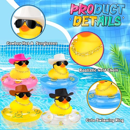 Miniatura 2 de Sosation Pato de goma vaquero a granel, mini auto de patitos amarillos, juguetes de baño, recuerdo de fiesta con mini sombrero, collar de círculo de