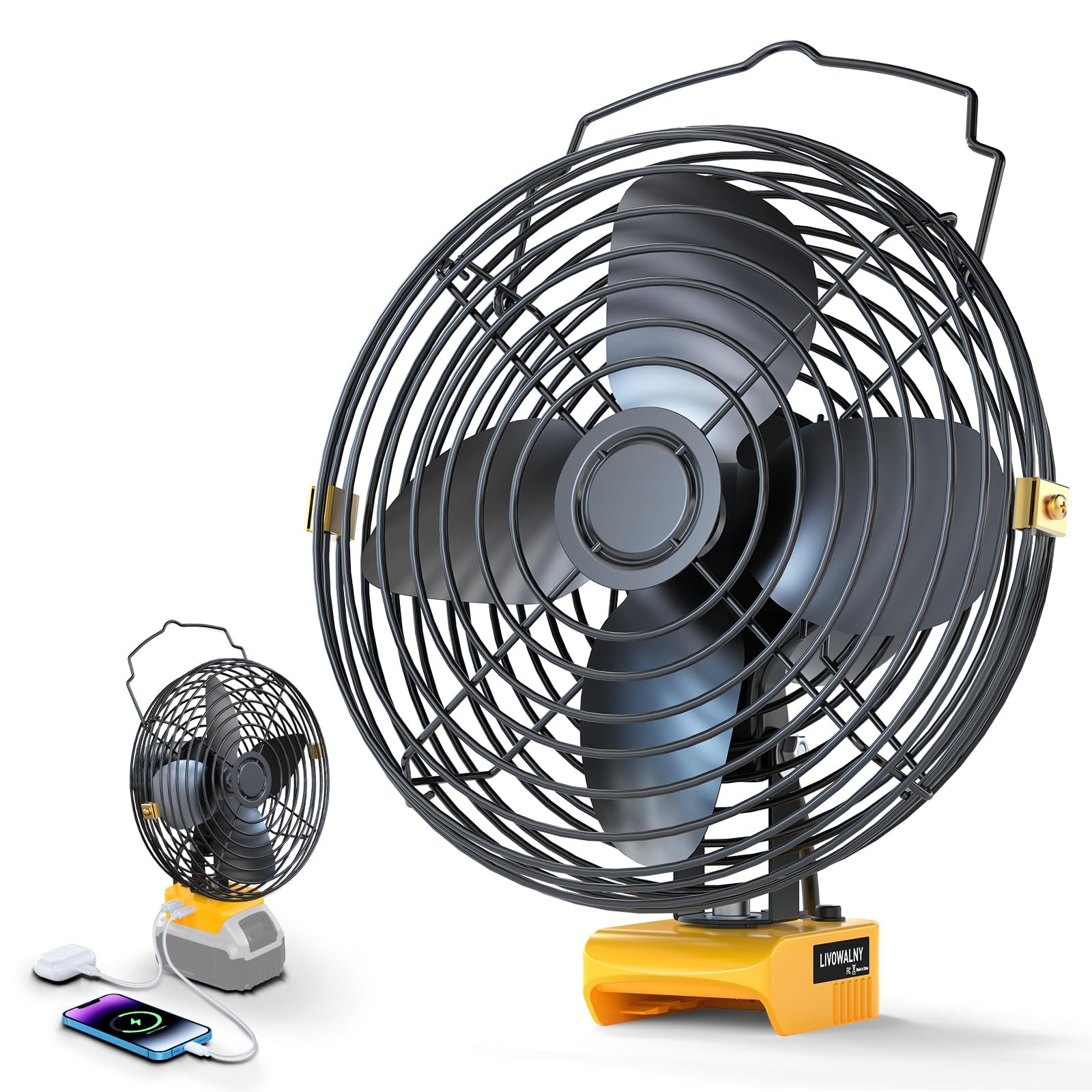 LIVOWALNY Portable Jobsite Fan Compatible with Dewalt 20v Battery (Tool Only) 8" Cordless Works Fan Batteries Powered Cooling 21W 3000RPM Portable Air Circulator, USB and Type C Charging Port