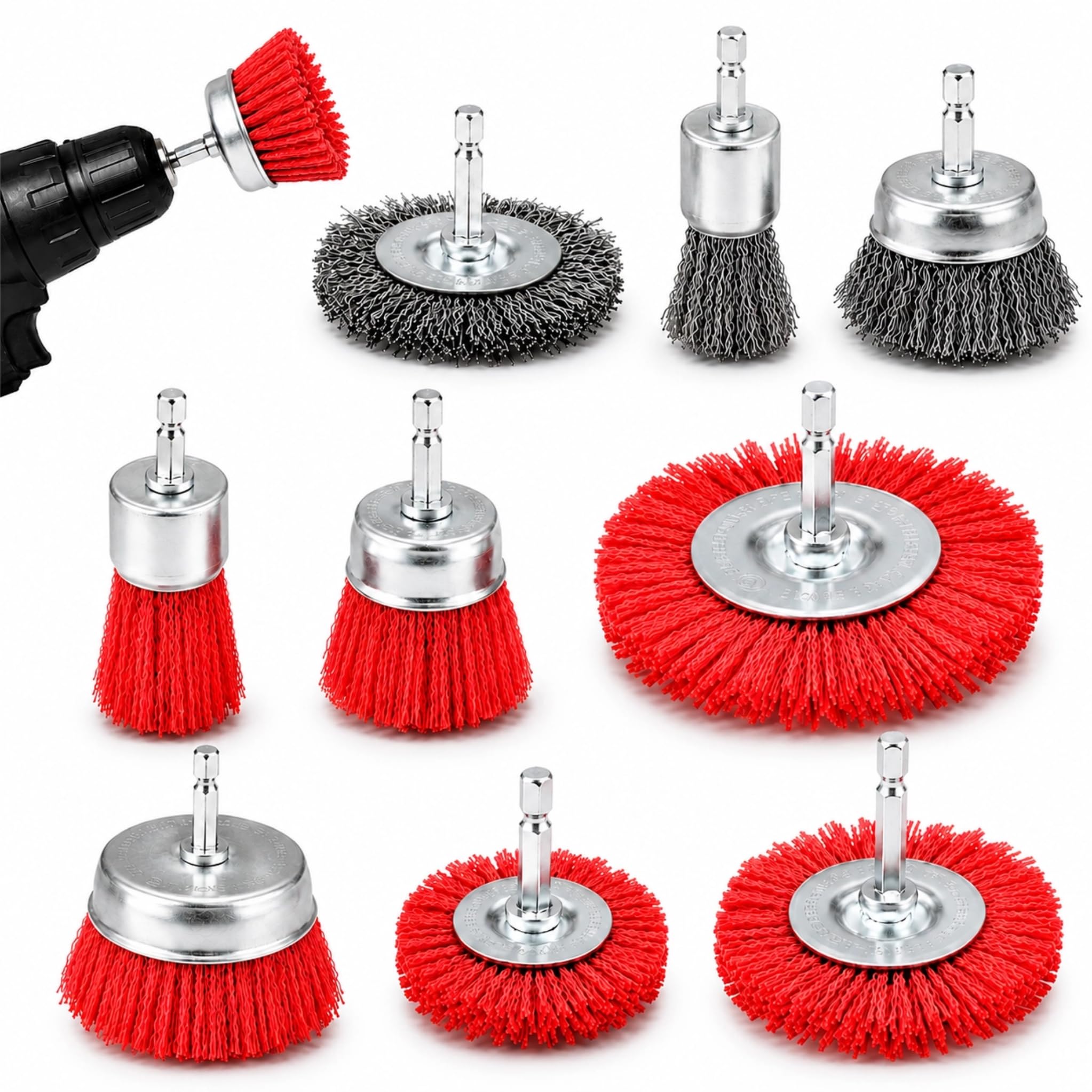 9 Drill Brush Set - Nylon & Steel for Rust Removal -1