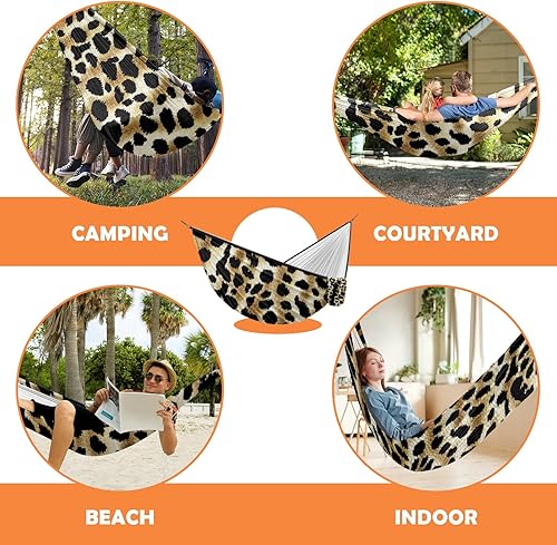 Miniatura 5 de Hamaca de camping al aire libre con estampado de leopardo, color camuflaje, hamacas dobles individuales con 2 correas de árbol, hamacas de nailon
