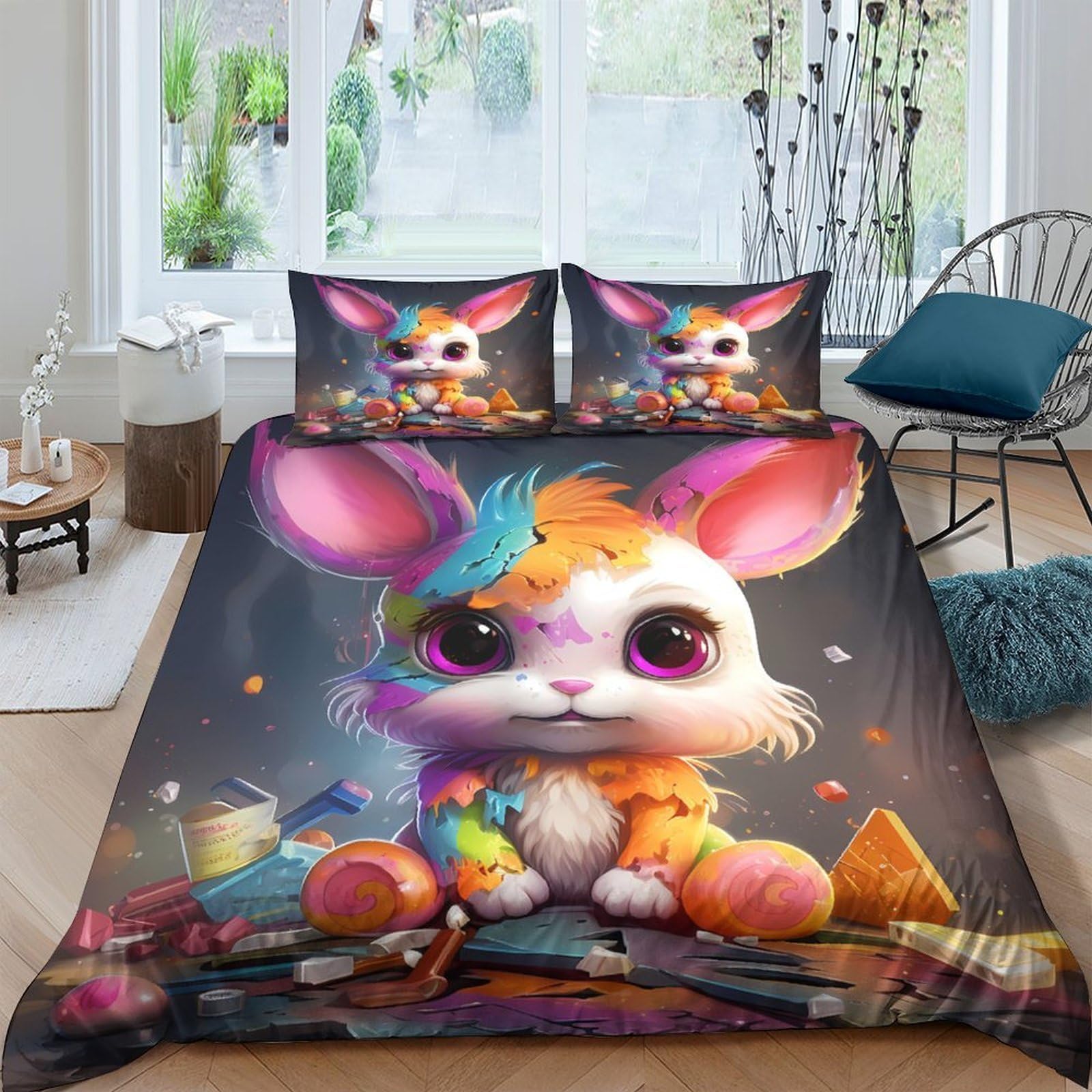 Housse de couette 260x220cm anti-plis avec fermeture éclair souple et microfibre 3 pièces lapin 3D