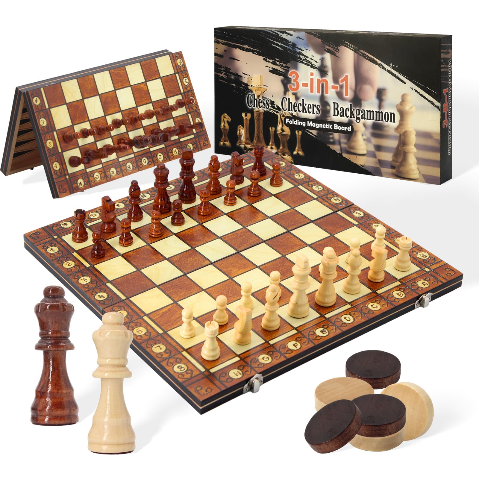 15.4" 3-in-1 Magnetic Chess, Checkers, and Backgammon Set - Extra Queens - Wooden portable and foldable Board game, Travel Game Set for Adults, Kids and Elder - Gift for parents and children