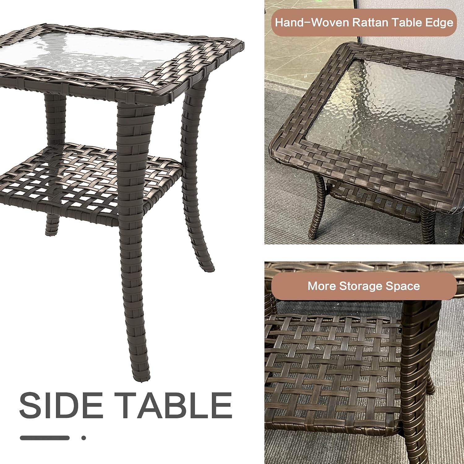 3 Pieces Patio Wicker Rocking Chairs, Outdoor Furniture PE Rattan Rocker Chairs Set of 2 with Side Table and 4inch High Back Deep Seating Waterproof Cushion for Deck Porch Balcony