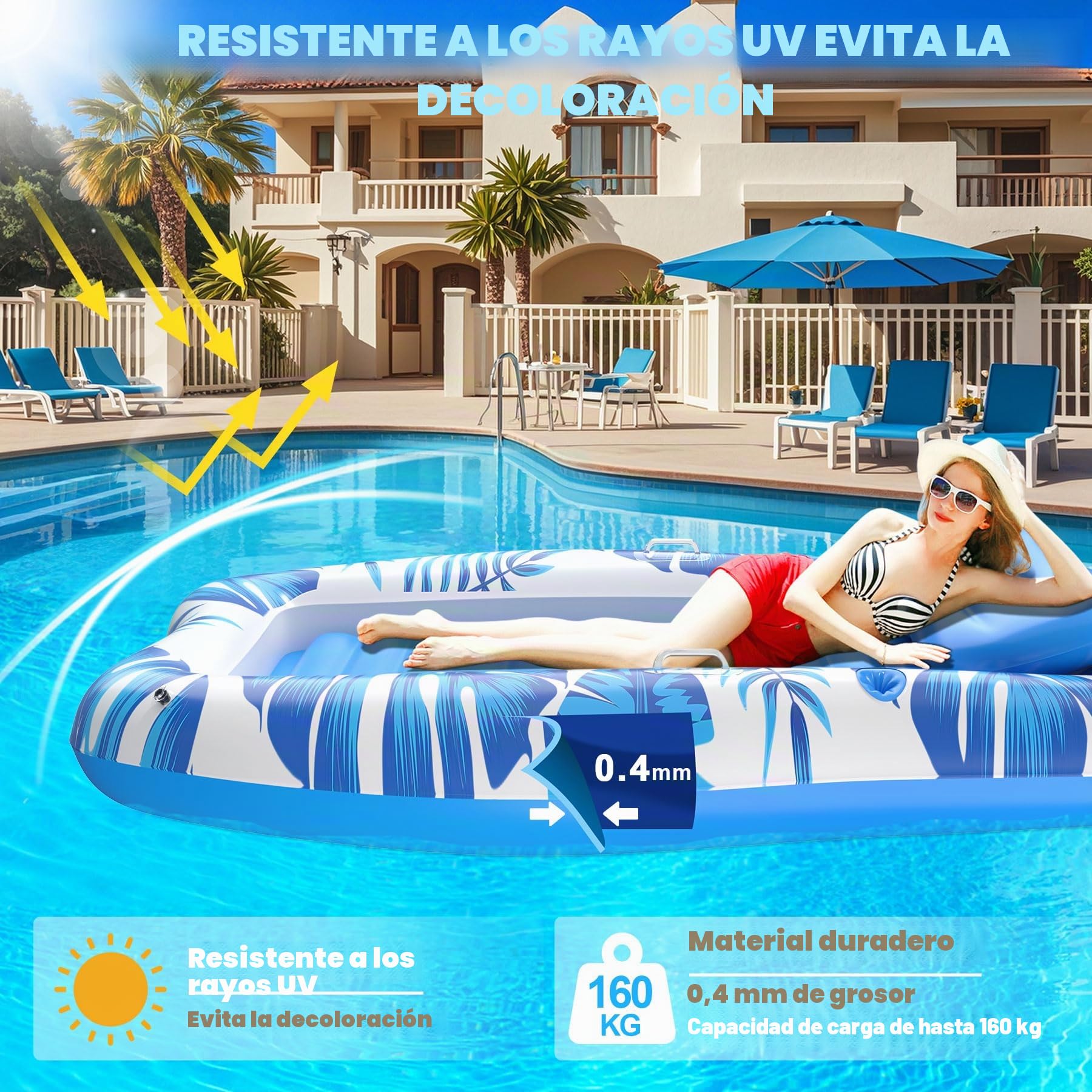 DeeprBling Colchoneta Piscina Adultos, Colchoneta Playa Hinchable con Almohada, Soportes para Vasos y Teléfono, Flotadores Piscinas Adultos con Asas,Engrosada Colchoneta Hinchable Piscina de Bronceado