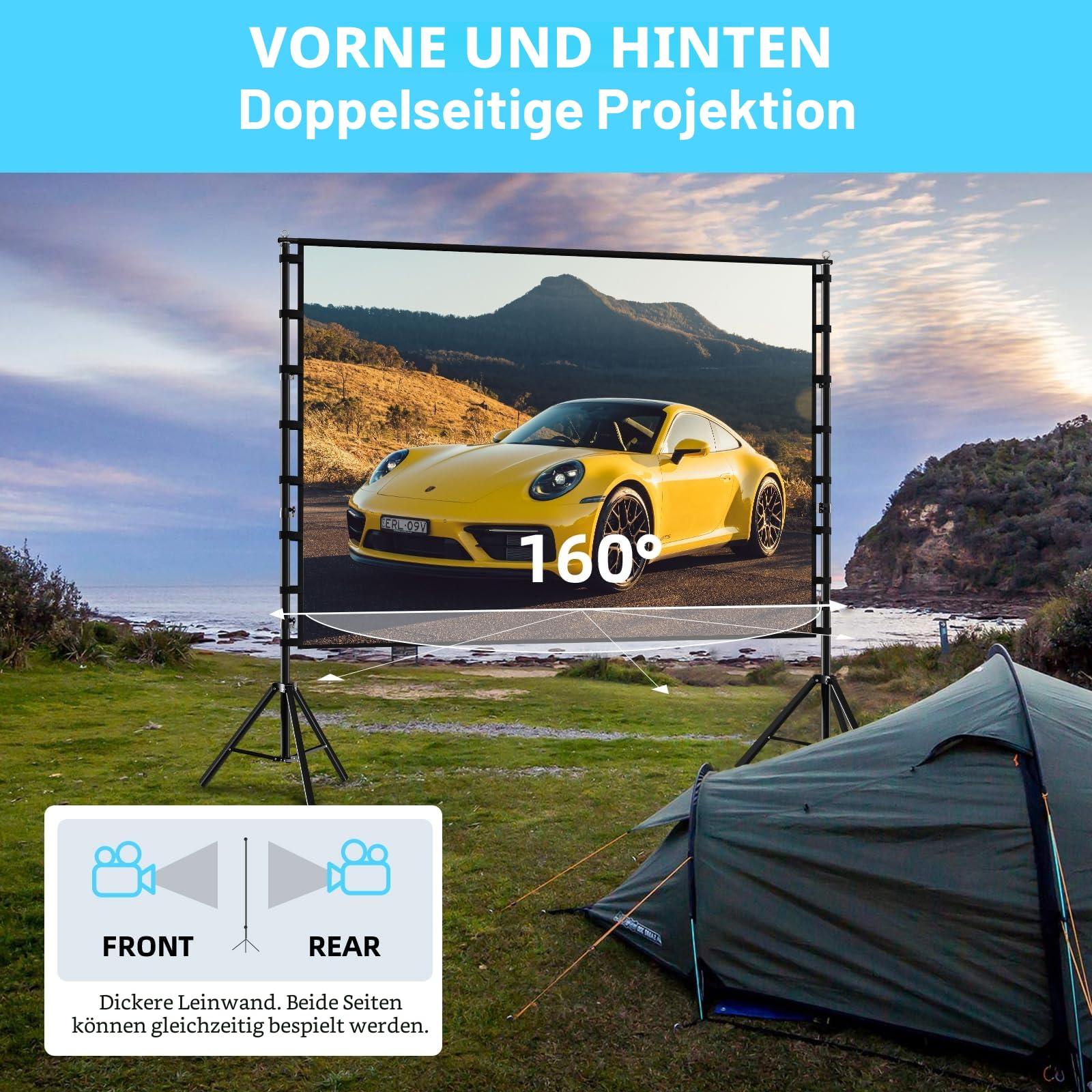 TOWOND 180 Zoll Beamer Leinwand mit Stativ, Leinwand für Beamer 160 Grad Betrachtungswinkel 16:9 HD Rear Front, Filmleinwand Outdoor und Tragetasche für Home Party Theater Nächte