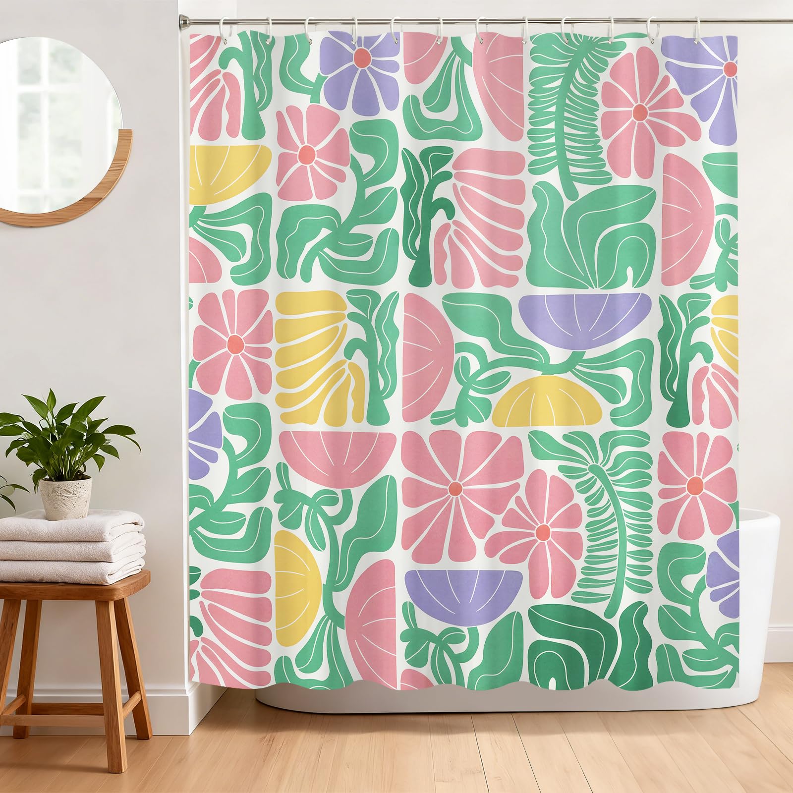 BREASOME Abstract Pink Floral Shower Curtain 180 x 180 cm Green Leaves Shower Curtain for Bathroom Decor Mould Proof Waterproof Polyester Fabric Bath Curtain with 12 Hooks