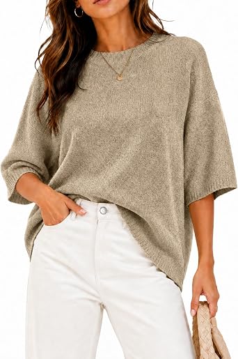 Womens Oversized Short Sleeve Sweater TopDeepapricot,M