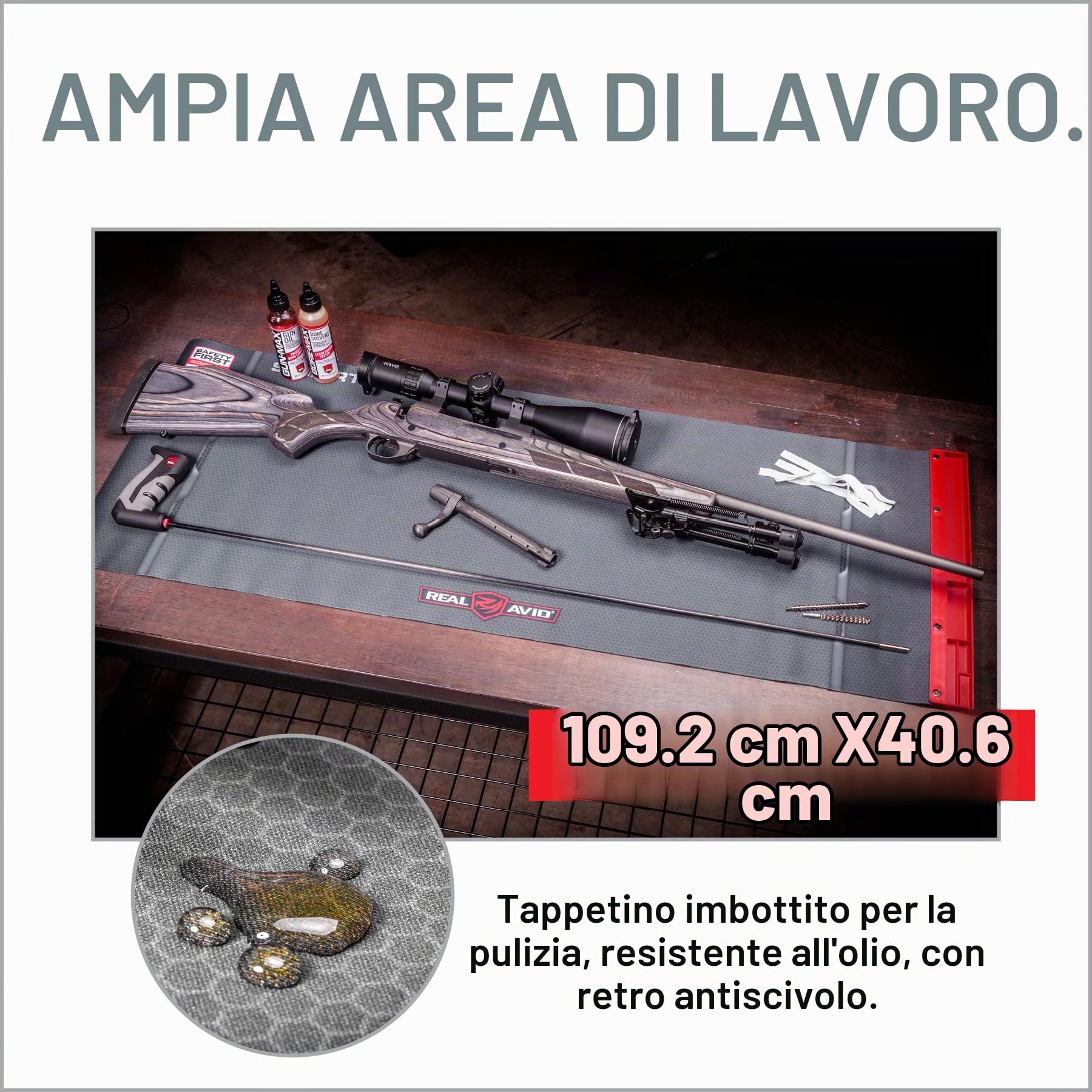 Real Avid Long Gun Smart Mat Padded Cleaning Mat - Postazione di Lavoro 110x41cm per Arma Lunga - Vassoio Magnetico per le Parti Incluso
