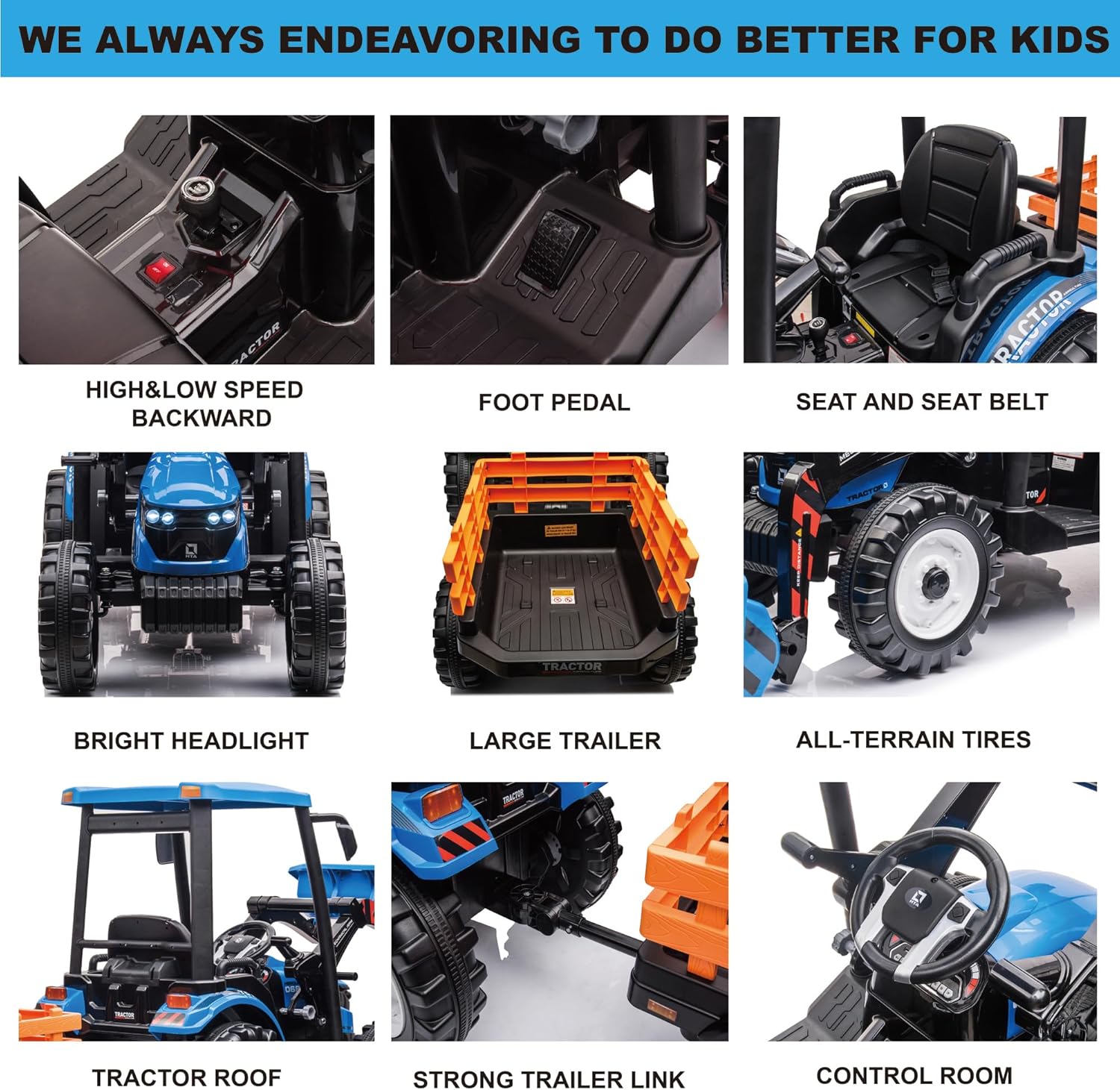 24V Kids Ride On Tractor w/Remote Control, 3IN1 Riding Tractor w/Trailer&Front Loader, Power Wheels 24V Ride on Toys for Boys Girls, Kids Ride on Excavator Toy (Blue Tractor with Trailer&Front Loader)