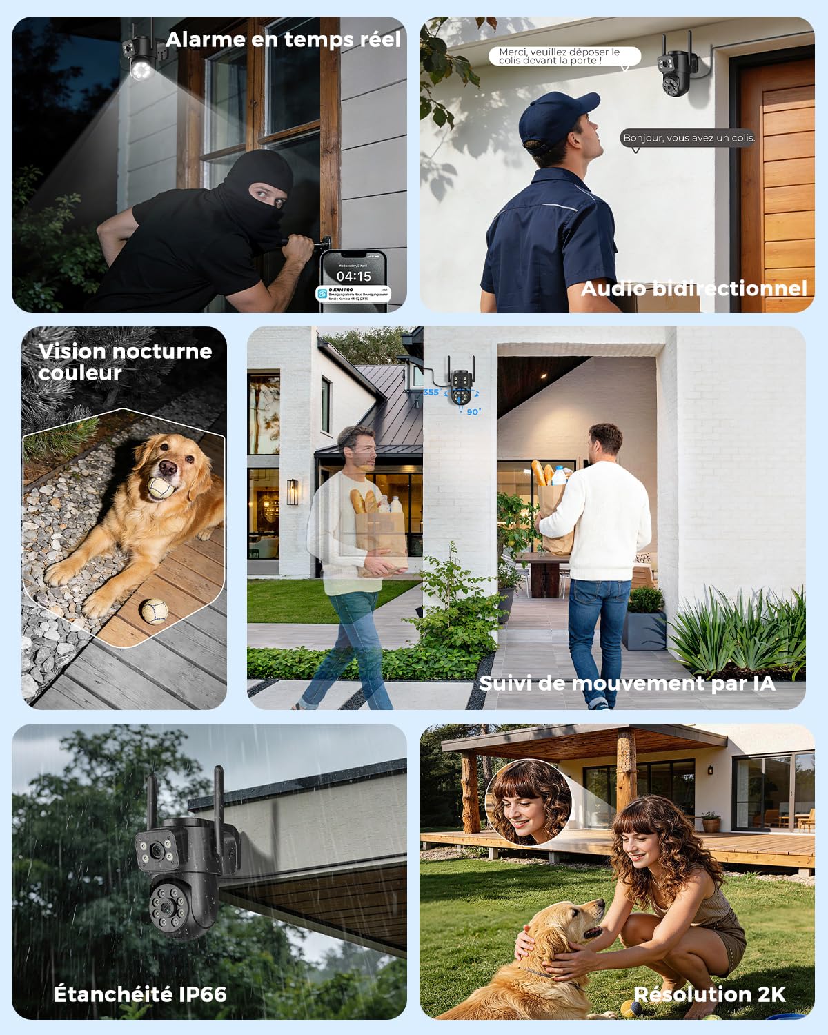 Reobiux 2K Camera Surveillance WiFi Exterieure avec Double Objectif, 2.4/5GHz Caméra Extérieur avec Vision Nocturne Couleur, Détection de Mouvement, Audio Bidirectionnel, Stockage SD/Cloud, IP66