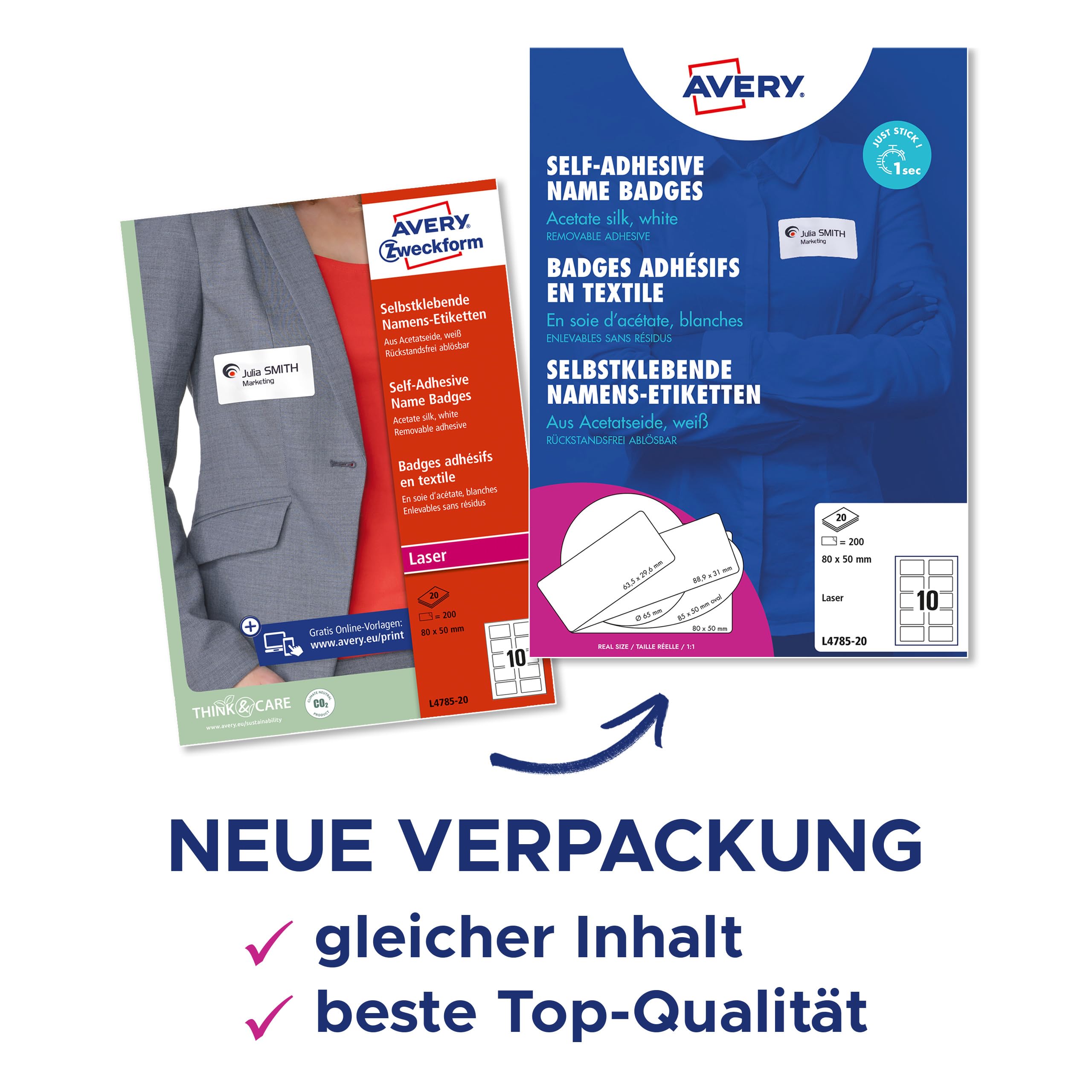 AVERY Zweckform L4785-20 Namensetiketten (200 Namensaufkleber, 80x50mm auf A4, selbstklebend, bedruckbare Textiletiketten aus Acetatseide für Laserdrucker, rückstandsfrei ablösbar) 20 Blatt, weiß