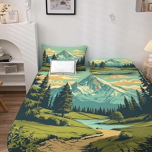 Miniatura 2 de Nature Sheets - Juego de sábanas de 4 piezas con patrón de paisaje de montaña, sábanas y fundas de almohada estampadas, sábana bajera ajustable de