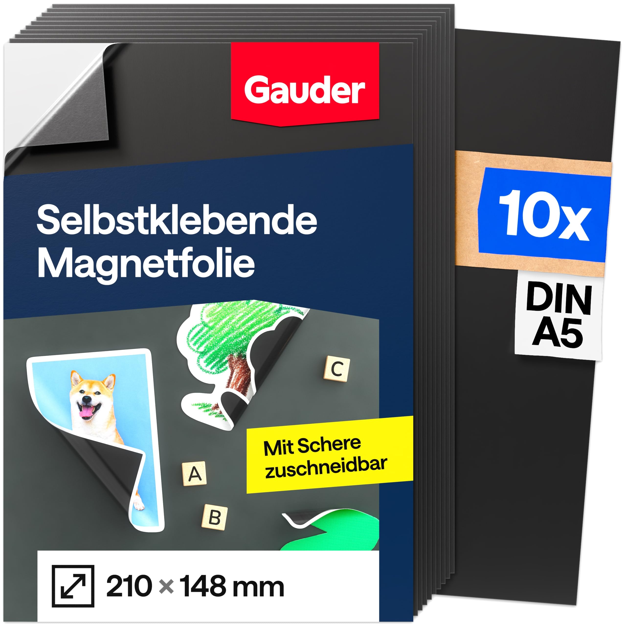 GAUDER Magnetfolie selbstklebend stark - Magnetische Folie zuschneidbar für Fotos, Bastelprojekte & Stanzschablonen - Magnetplatte selbstklebend - Magnetmatte für Haushalt & Schule (10 Stück - DIN A5)
