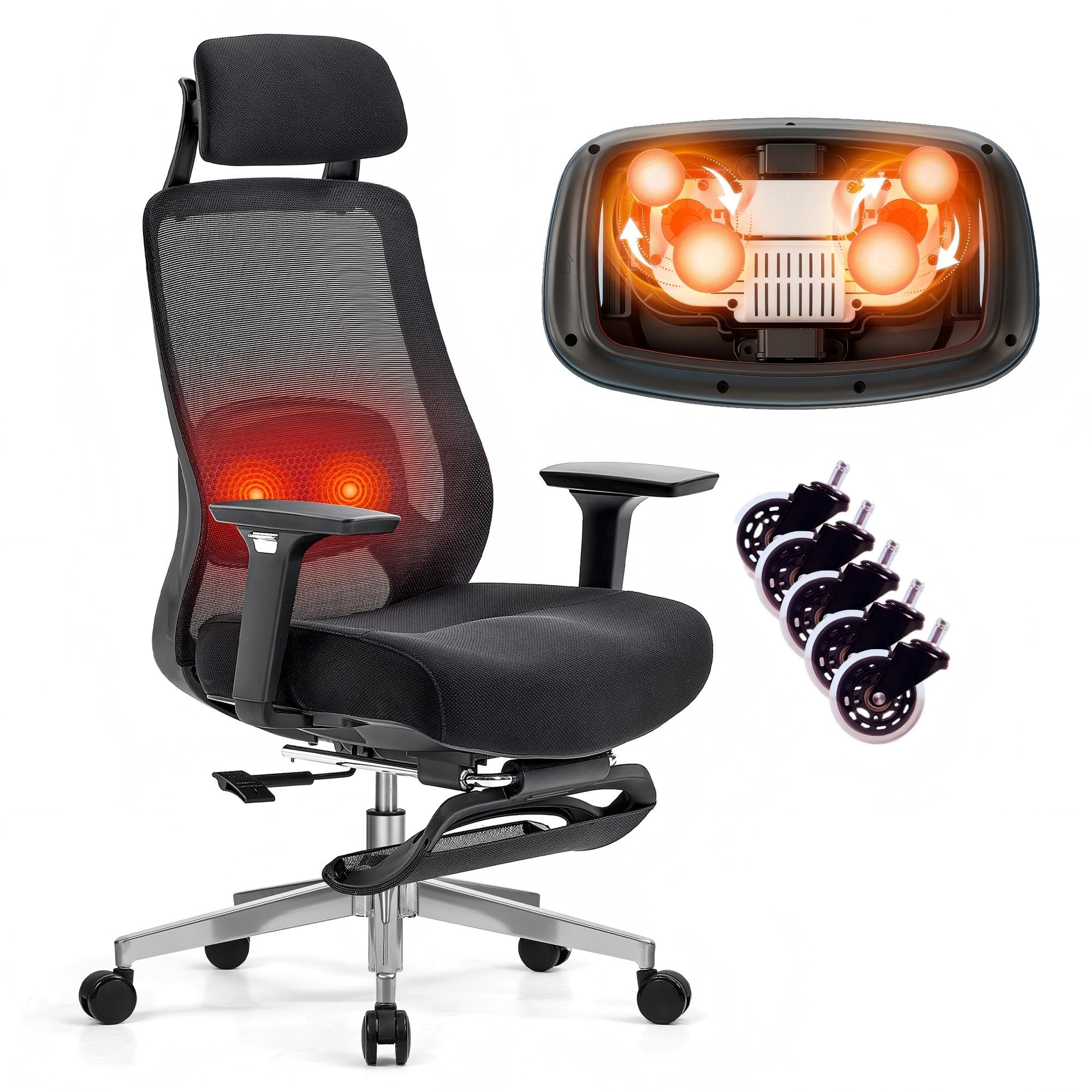 FLEXISPOT MasterEase Masażowe Krzesło Biurowe z Podnóżkiem i Gumowymi Kółkami, Ergonomiczne Krzesło Biurowe z 2D Wsparciem Lędźwiowym z Funkcją Grzania i Masażu (Czarny (z podnóżkiem PLUS kołami))