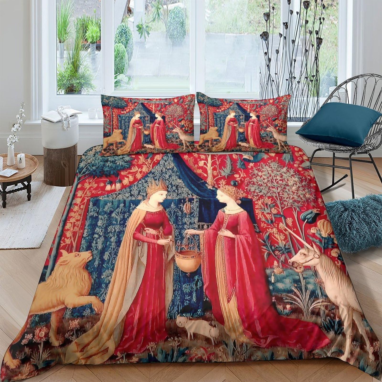 Ctjqhvkz Style-9 3D Printed Medieval Tapestry Fitted Sheet Microfiber Soft Art Nouveau Lady Unicorn Bed Cover For Bedroom Decor Single（135X200cm）