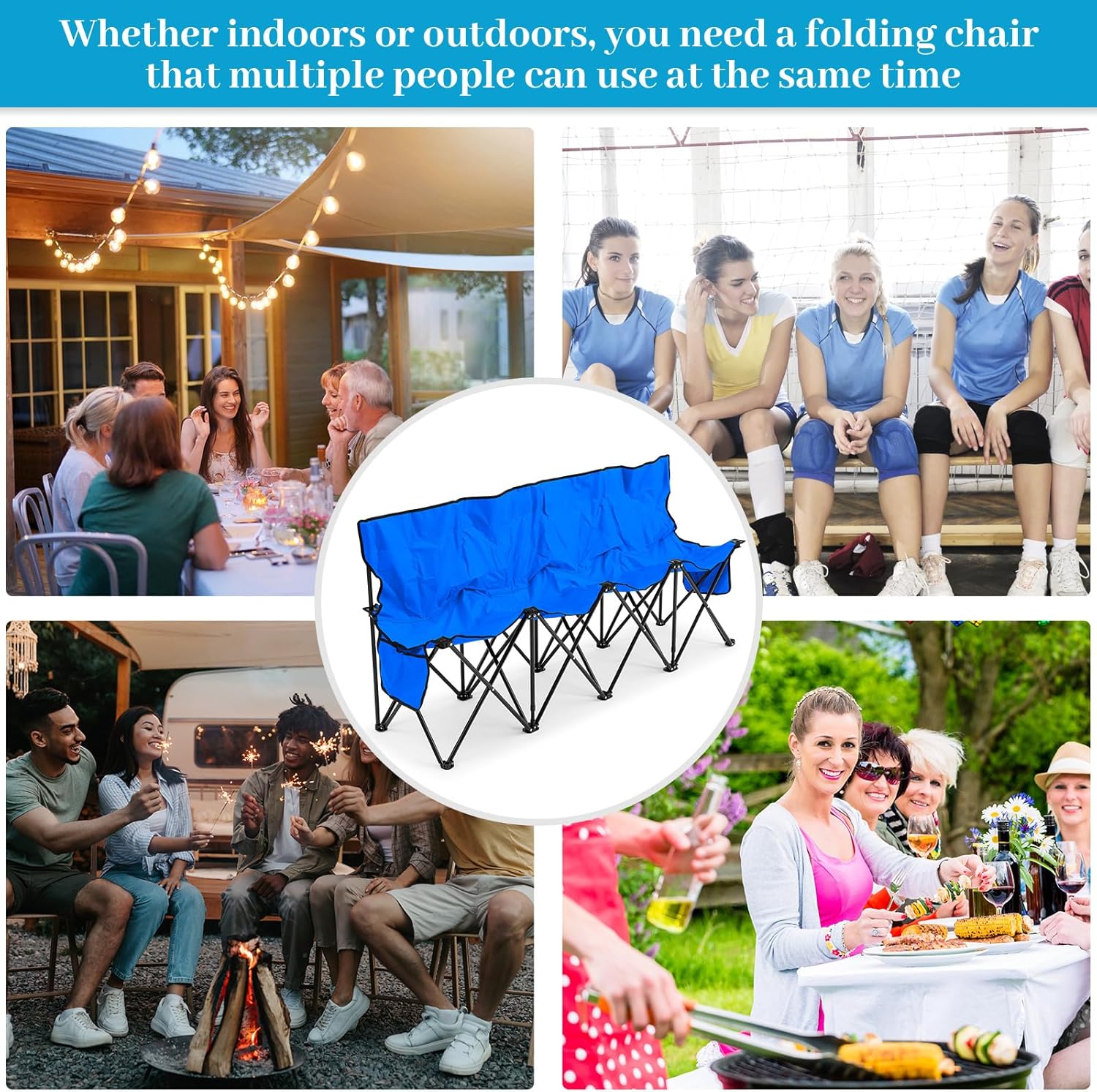 Kigley Portable 4 Seat Soccer Bench Chairs Foldable Team Sports Bench with Pockets and Carrying Bag for Camping Soccer Sports Team Basketball Football Practice Games