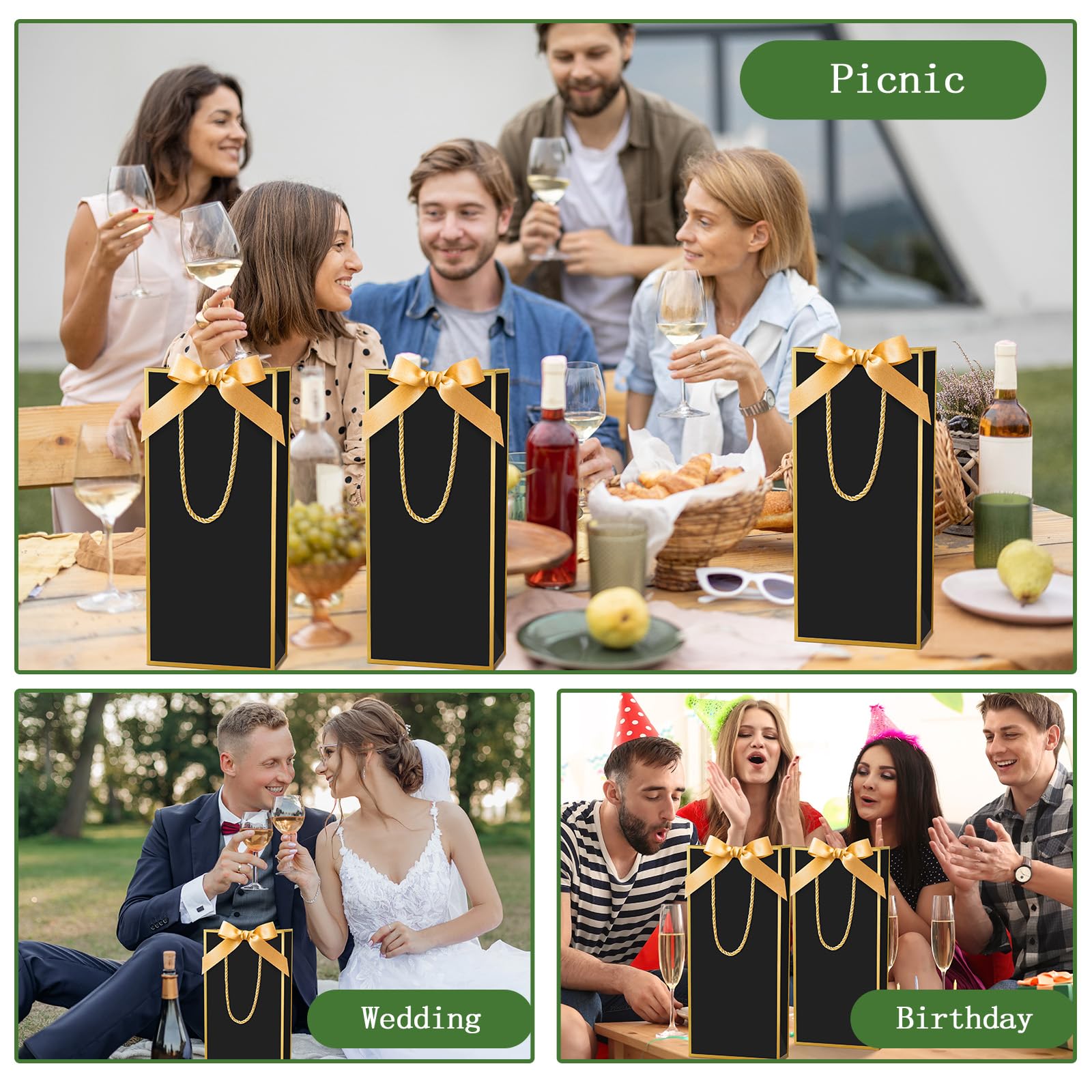 Kolldenn 24-Pack Black Wine Gift Bags With Handles - Reusable Liquor Bottle Bags