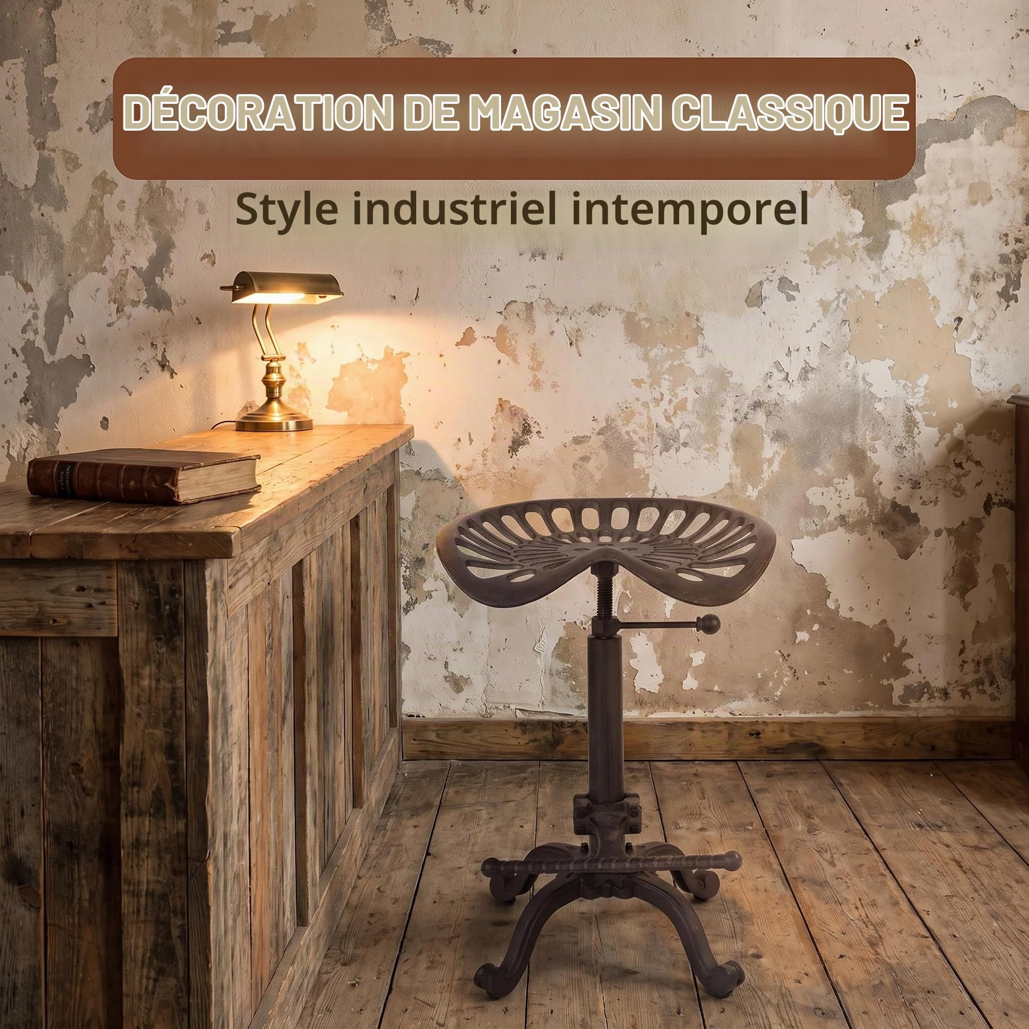 Topower Tabouret de Bar Industriel de Ferme - Tabouret de Tracteur de Fonte, Taille réglable, siège pivotant, Chaise de Barre de Petit déjeuner