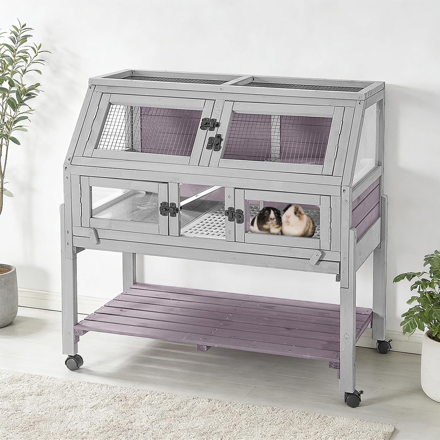 Large Guinea Pig Cages Indoor with Wheels, Wooden Rabbit Hutch with Plastic Floor and Zinc Cool Plate, Anti-Chewing Ramp, Small Animal Habitat with Leakproof Tray for Hamster, Chinchillas, Rats