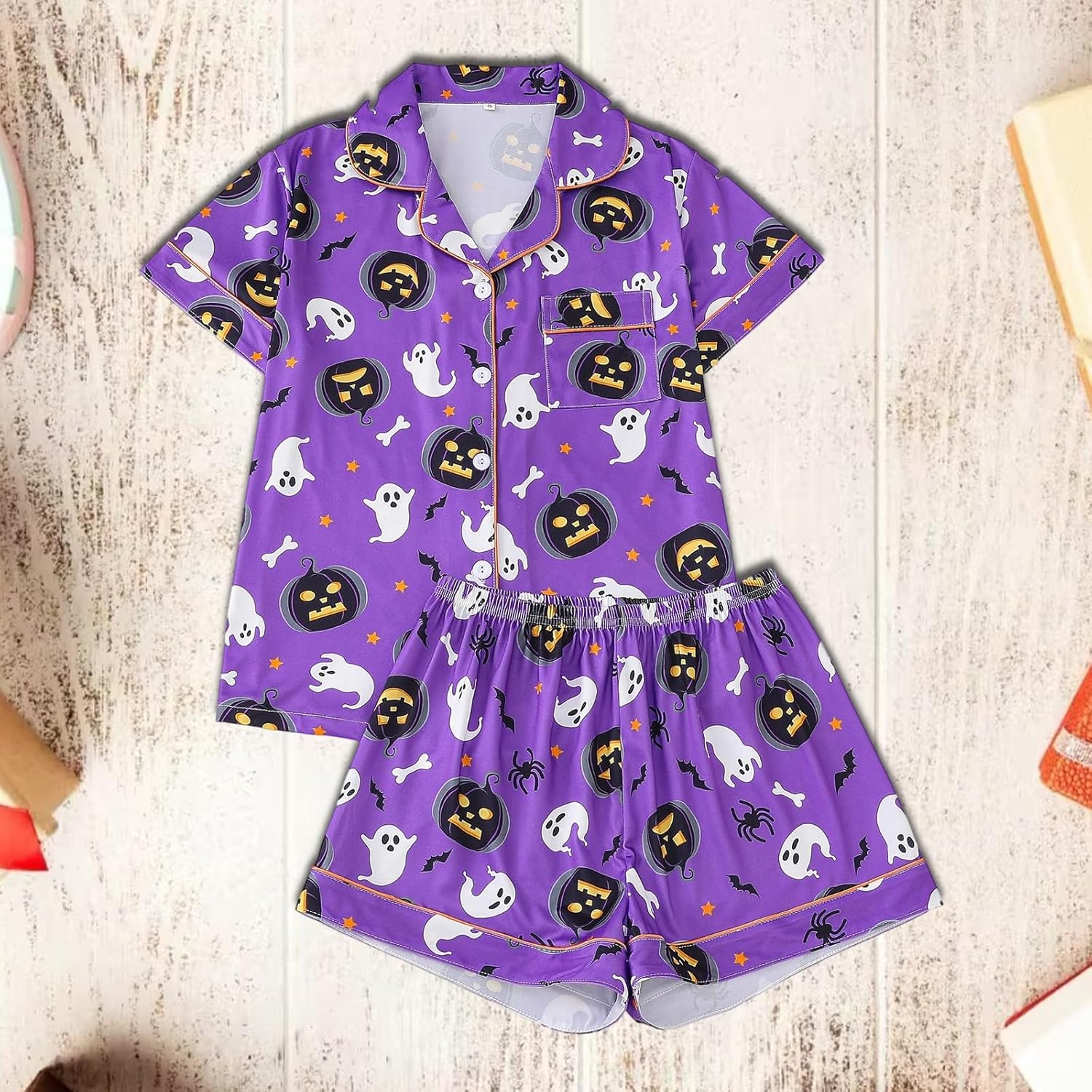 Women 2PCS Halloween Pajamas Set Cute Short Sleeve Pumpkin Ghost Print Shirt + Shorts Set Lounger - Image 3