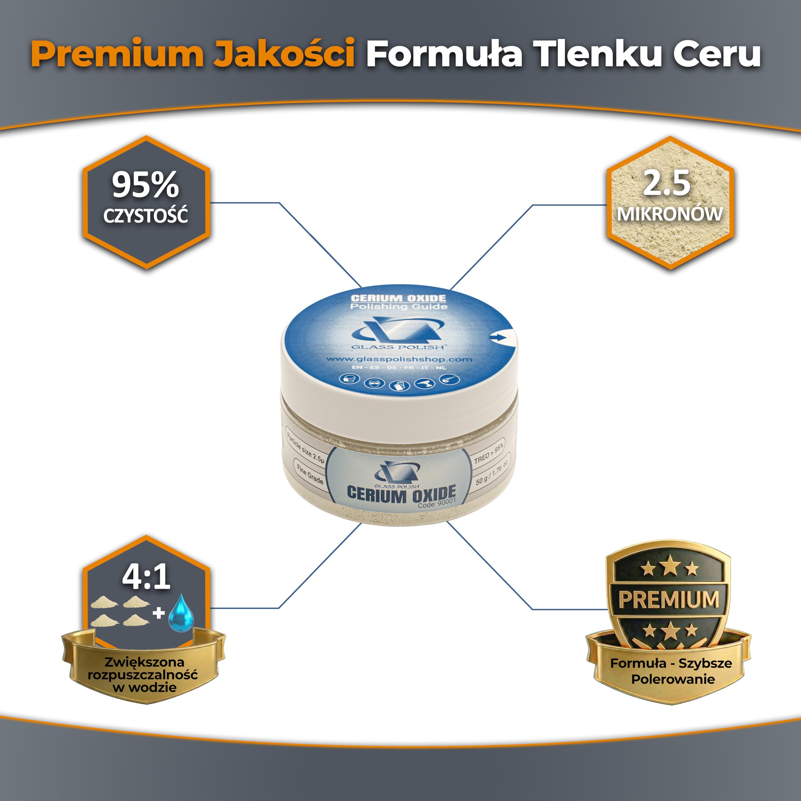 Glass Polish 90001 Tlenek ceru, Wysokiej jakości proszek do polerowania szkła - drobne ziarno- TREO 95% - 2,5 μm - 50 gramów.