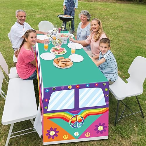 Miniatura 6 de Manteles de autobús hippie de 6 pies y 60 años, decoración de fiesta de cumpleaños, teñido anudado, margaritas, tela lavable, protector de mantel