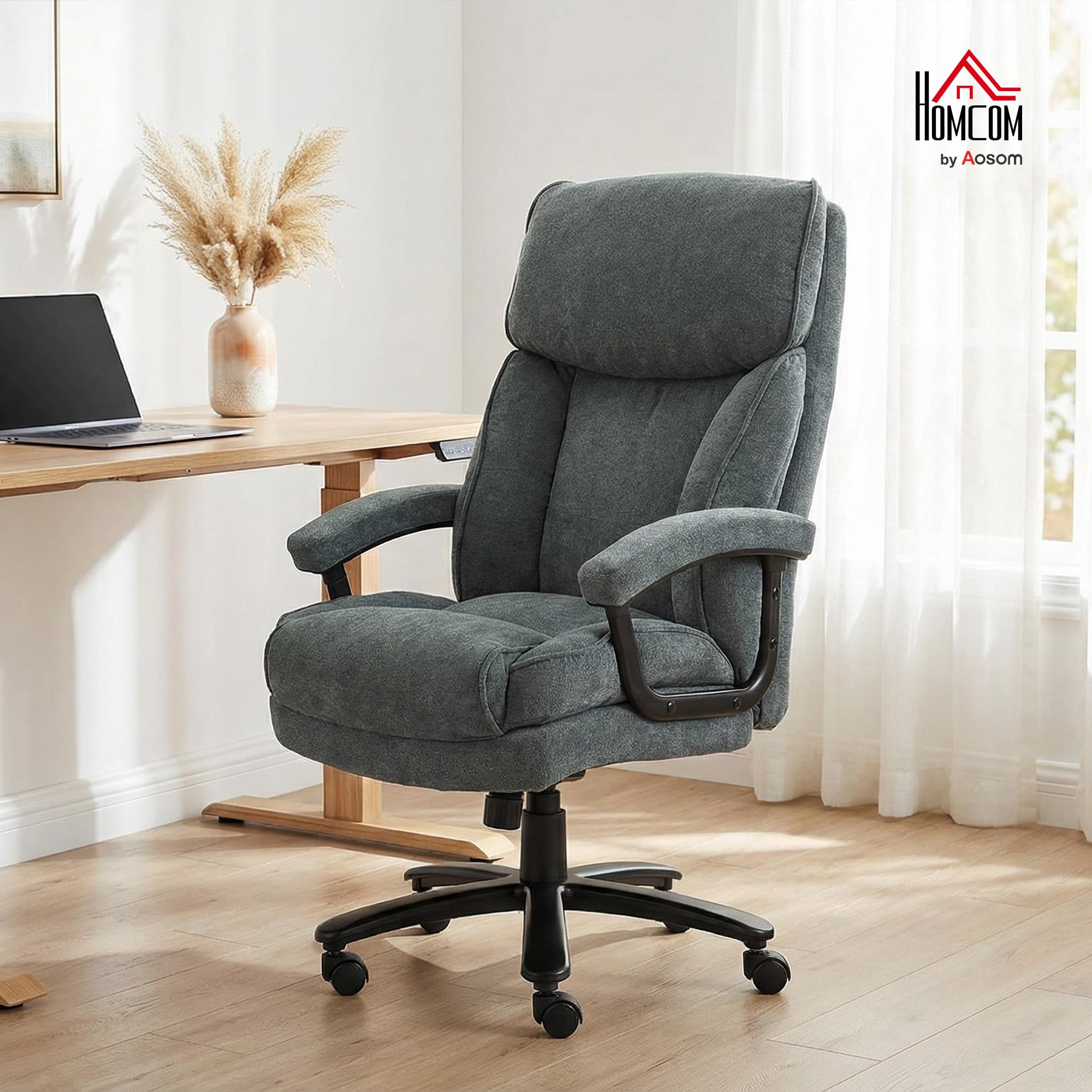 HOMCOM Chefsessel Bürostuhl bis 200 kg Ergonomischer Schreibtischstuhl mit Samtoptik, Hoher Rückenlehne, Höhenverstellbar Drehstuhl mit Breitem Sitz, Wippfunktion, für Büro und Homeoffice Grau