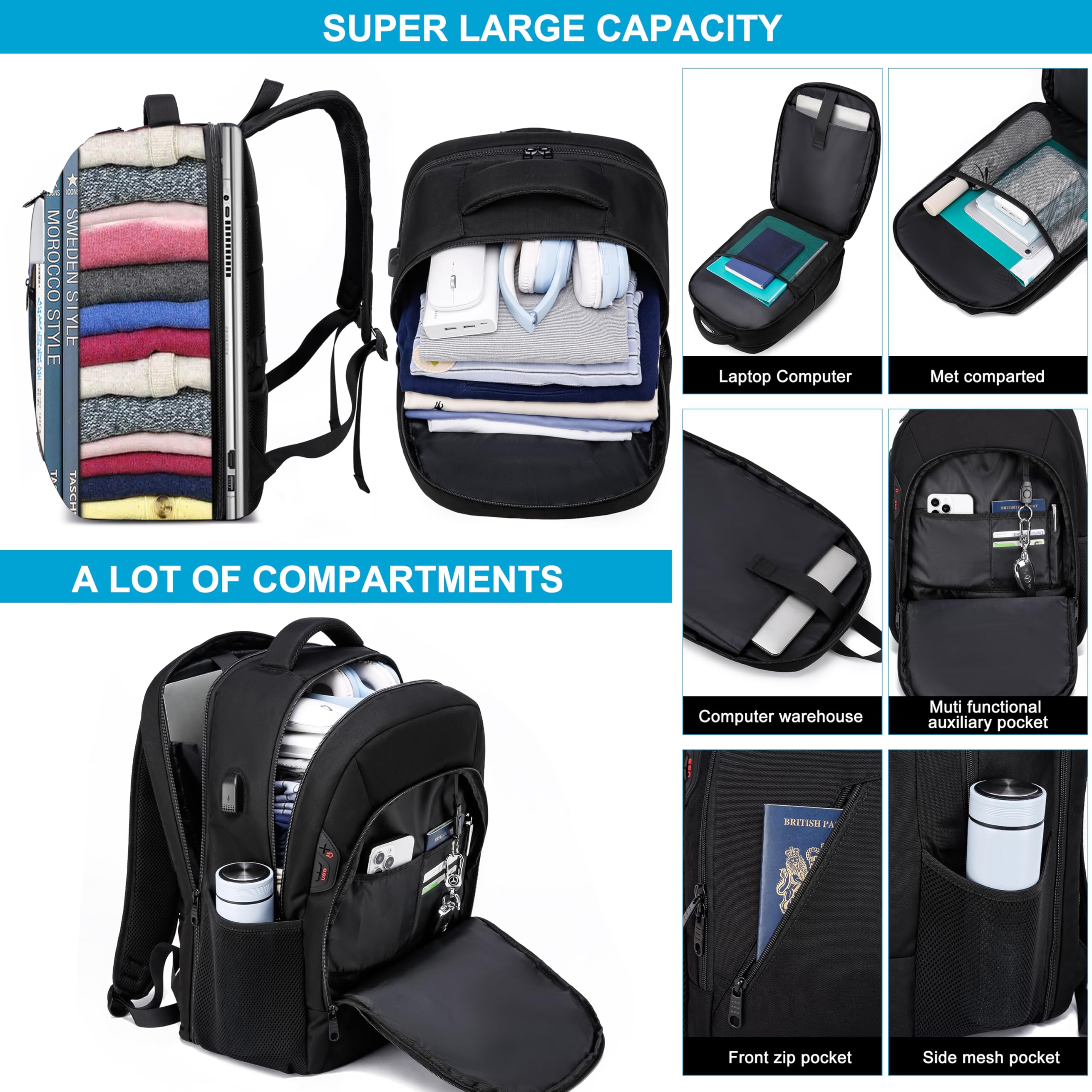 Cafele Mochila Unisex para Adultos y Adolescentes - Mochila Escolar con Puerto USB de Carga para Portátil 17,3 Pulgadas - Ideal para Trabajo, Universidad, Viajes - Negro