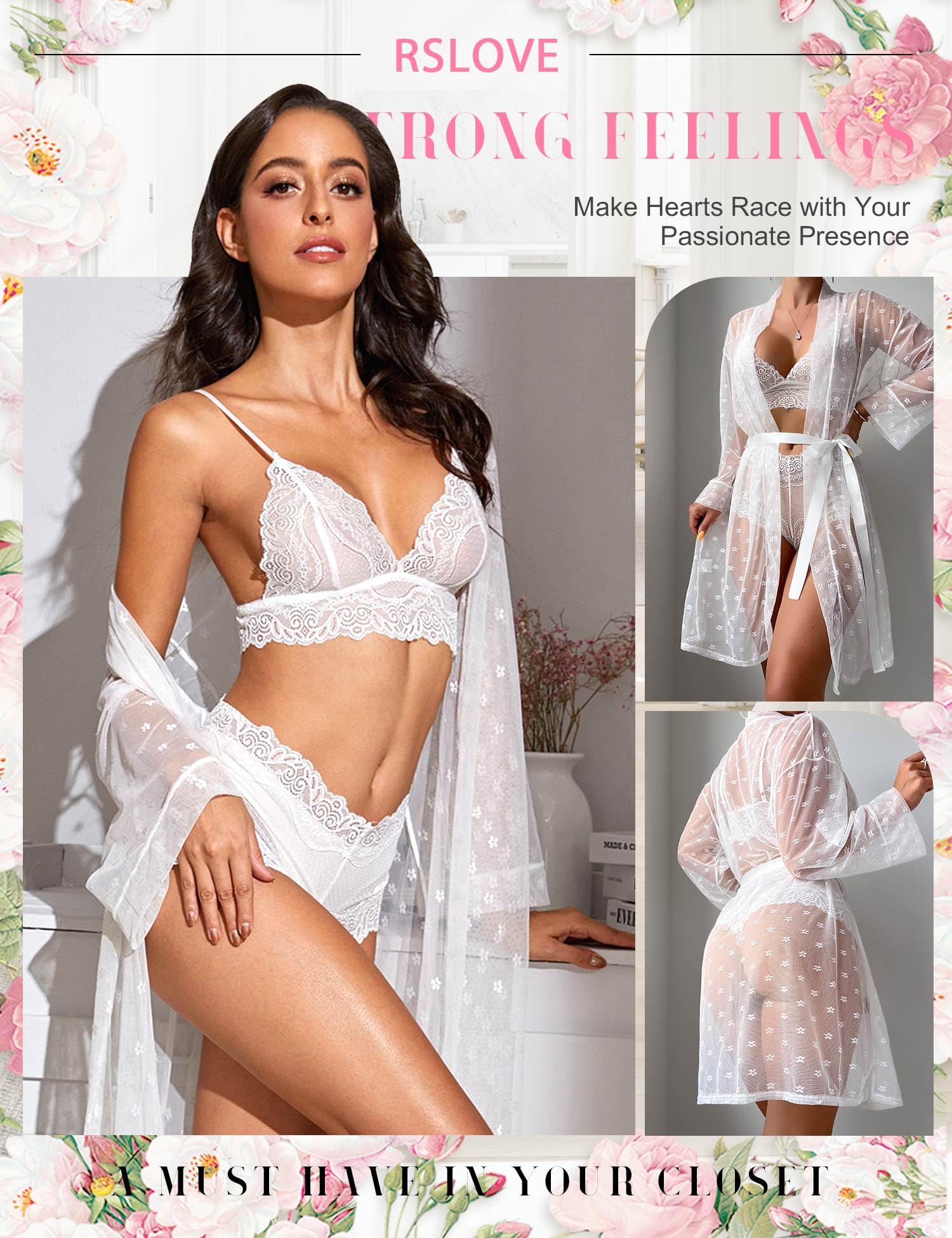 RSLOVE Women Lingerie Set with Robe - 3 Piece Lace Bra and Panty Set Sexy Sleepwear for Bridal Honeymoon Anniversary: Large White