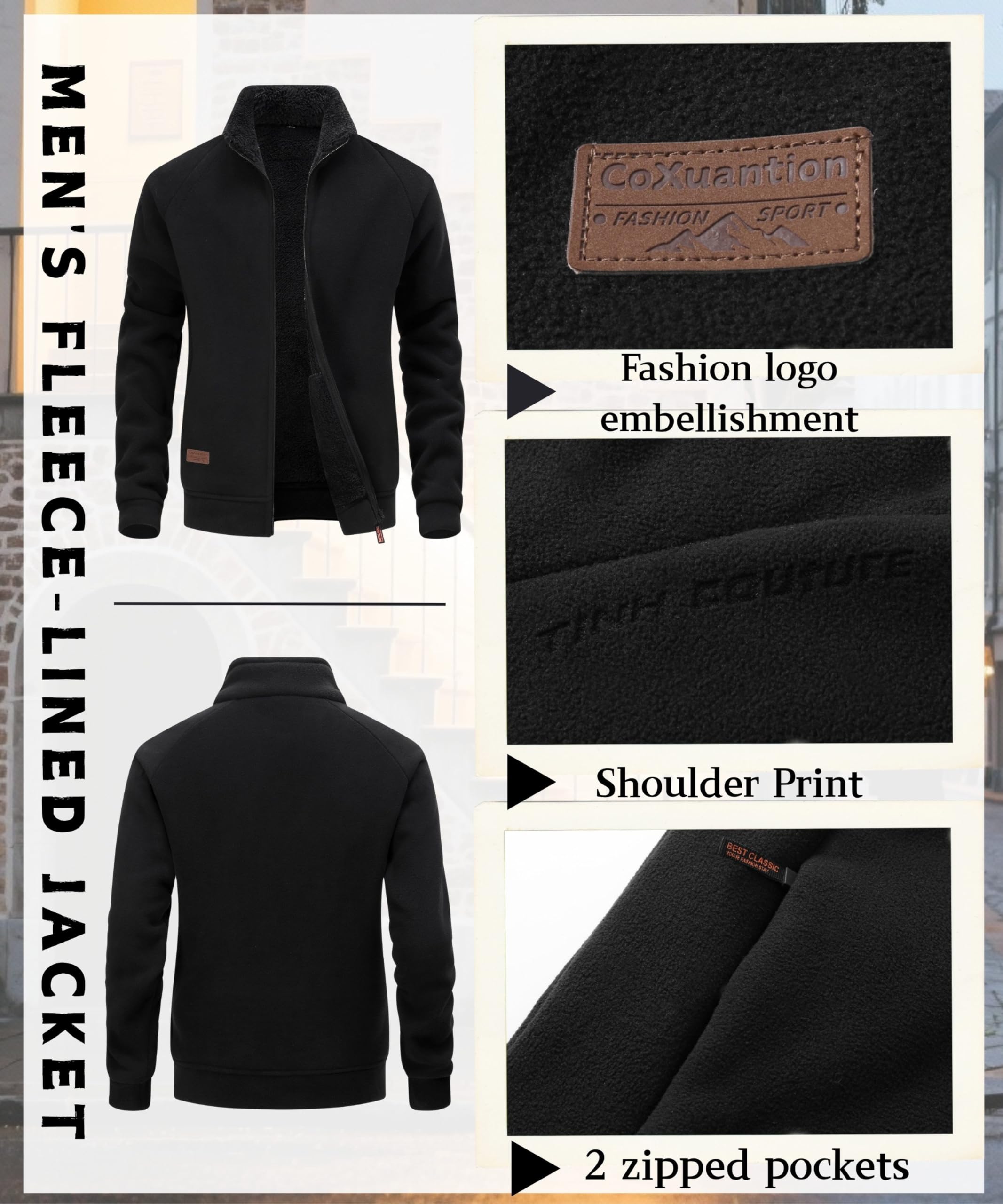 Veste Hiver Polaire Homme Col montant Chaude Veste Légère Coupe-vent Manteau avec poches zippées Manteau de Randonnée pour course loisirs