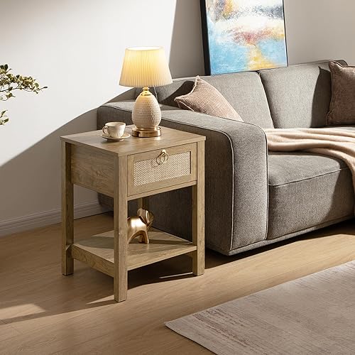 Miniatura 8 de SICOTAS Juego de 2 mesitas de noche, cajón decorativo de ratán con perillas de latón, mesita de noche, mesas auxiliares bohemias con estante de