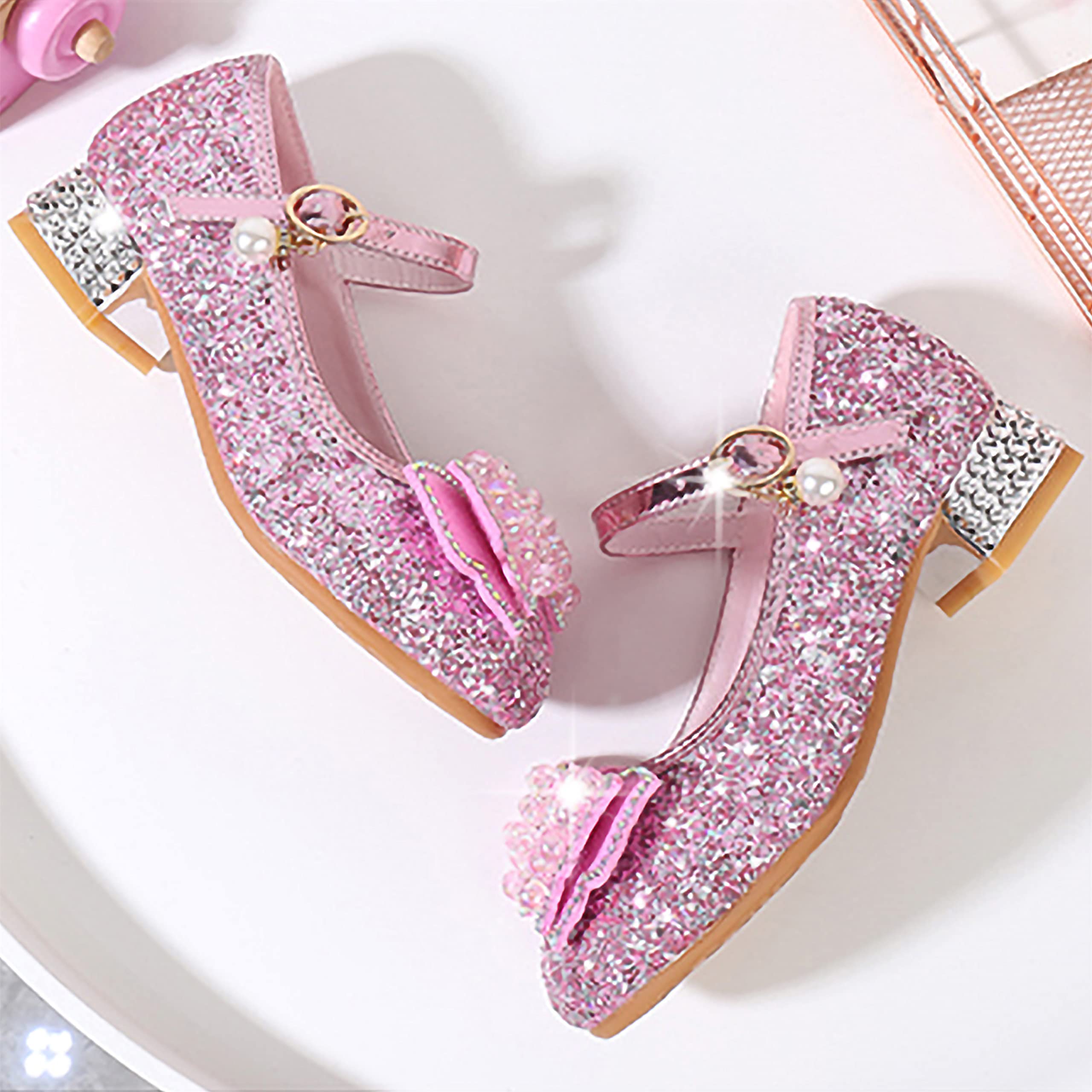 YOSICIL Principessa Scarpe con Tacco da Bambine e Ragazze con Fiocchi Scarpe da Principessa con Paillettes Ragazza Ballerine Glitterate Scarpe Eleganti Partito e Carnevale，Rosa
