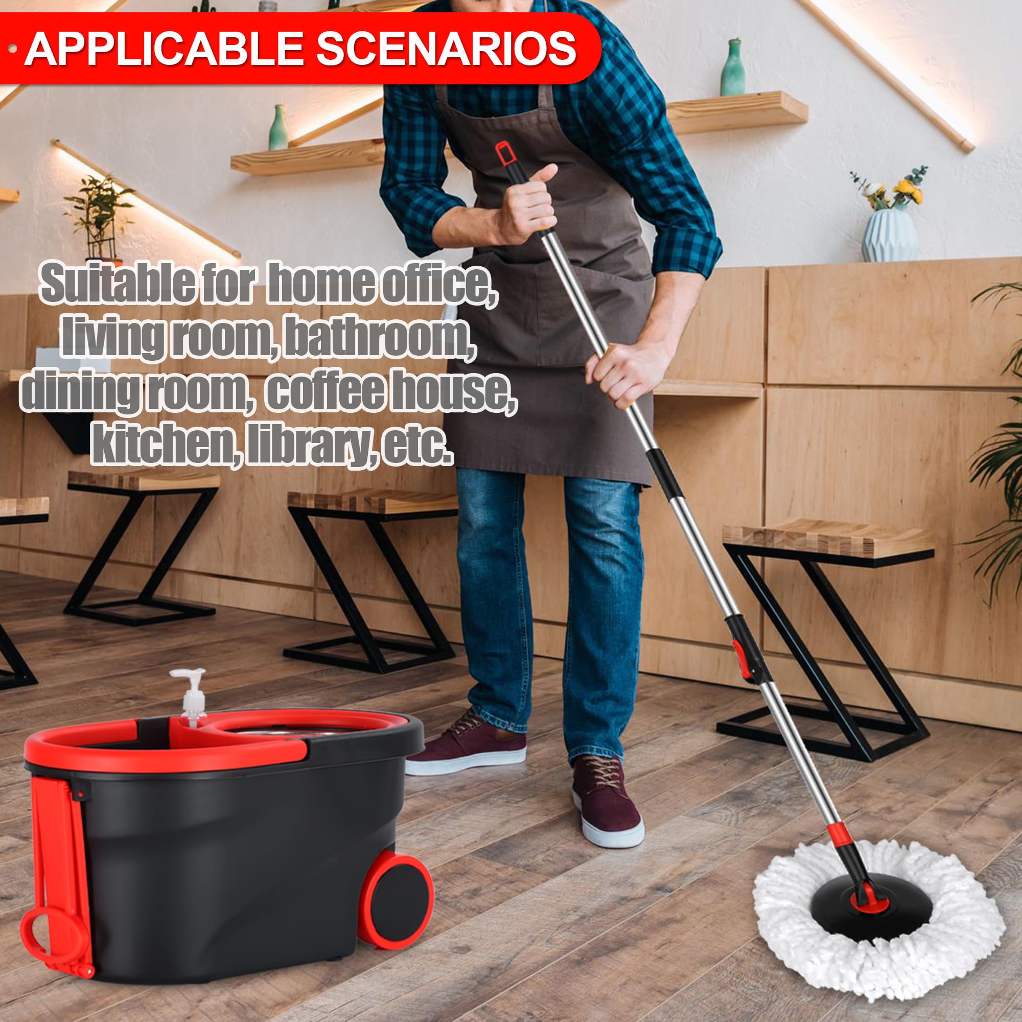 Juego de fregona giratoria y cubo, juego de limpieza de piso y cubo manos libres, cubo de fregona con escurridor, barra telescópica de 61 pulgadas, 3 cabezales de fregona de microfibra, juego de