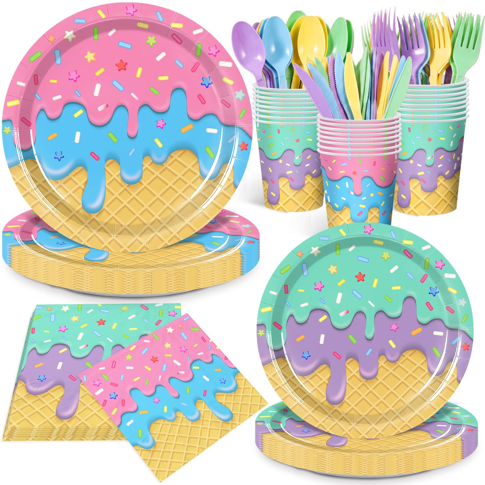 168Pcs Ice Cream Party Decorations Set Plates Cups Napkins Cutlery | Disposable Tableware Supplies for 24 Guests, Ice Cream Drip Birthday Baby Shower Summer Dessert Party Favors Kit