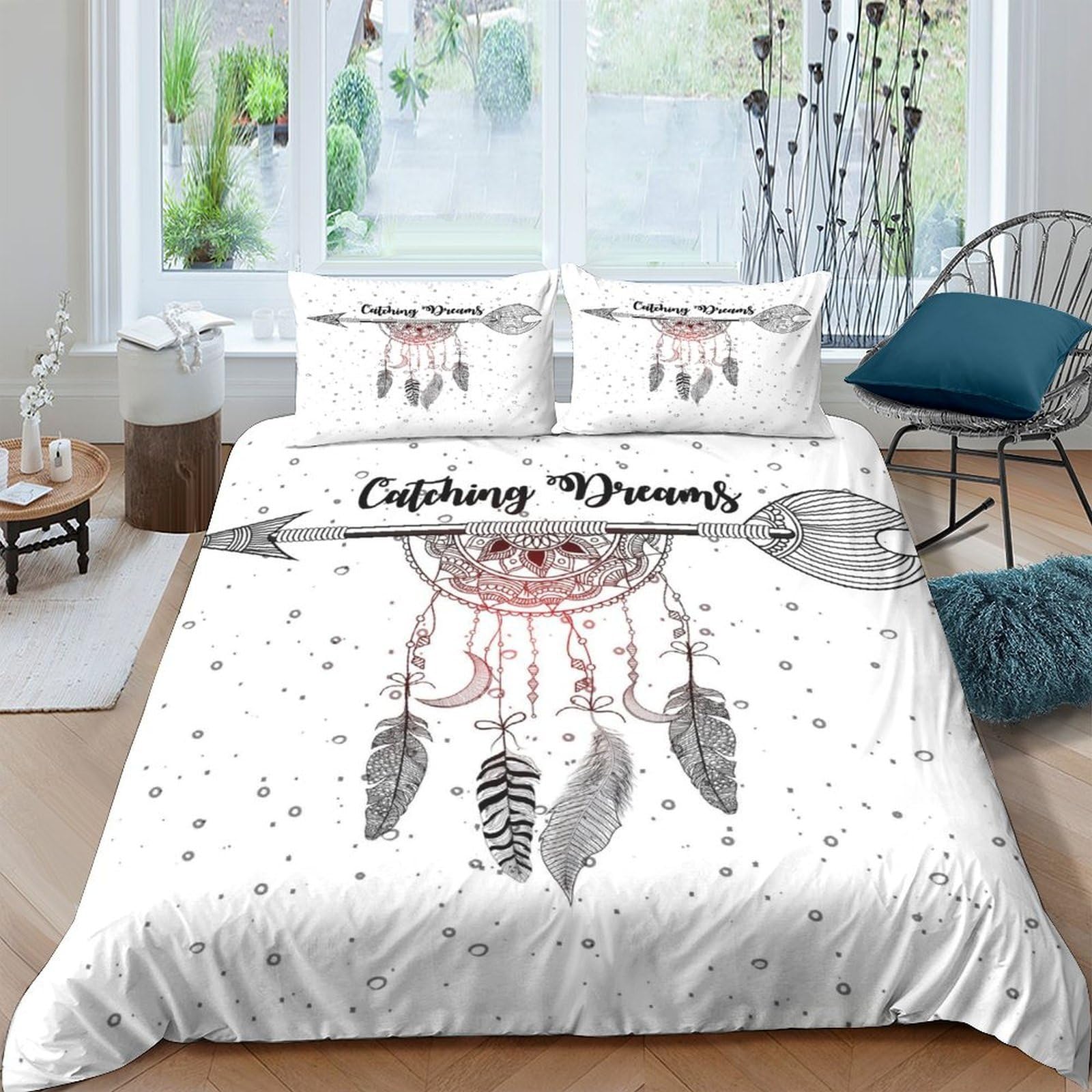 P5V6M1Q9 3D Printed Dreamcatcher Arrow Duvet Cover Microfiber Soft Breathable Feathers Bedding Set with 2 Pillowcases for Bedroom Decor Single（135x200cm）