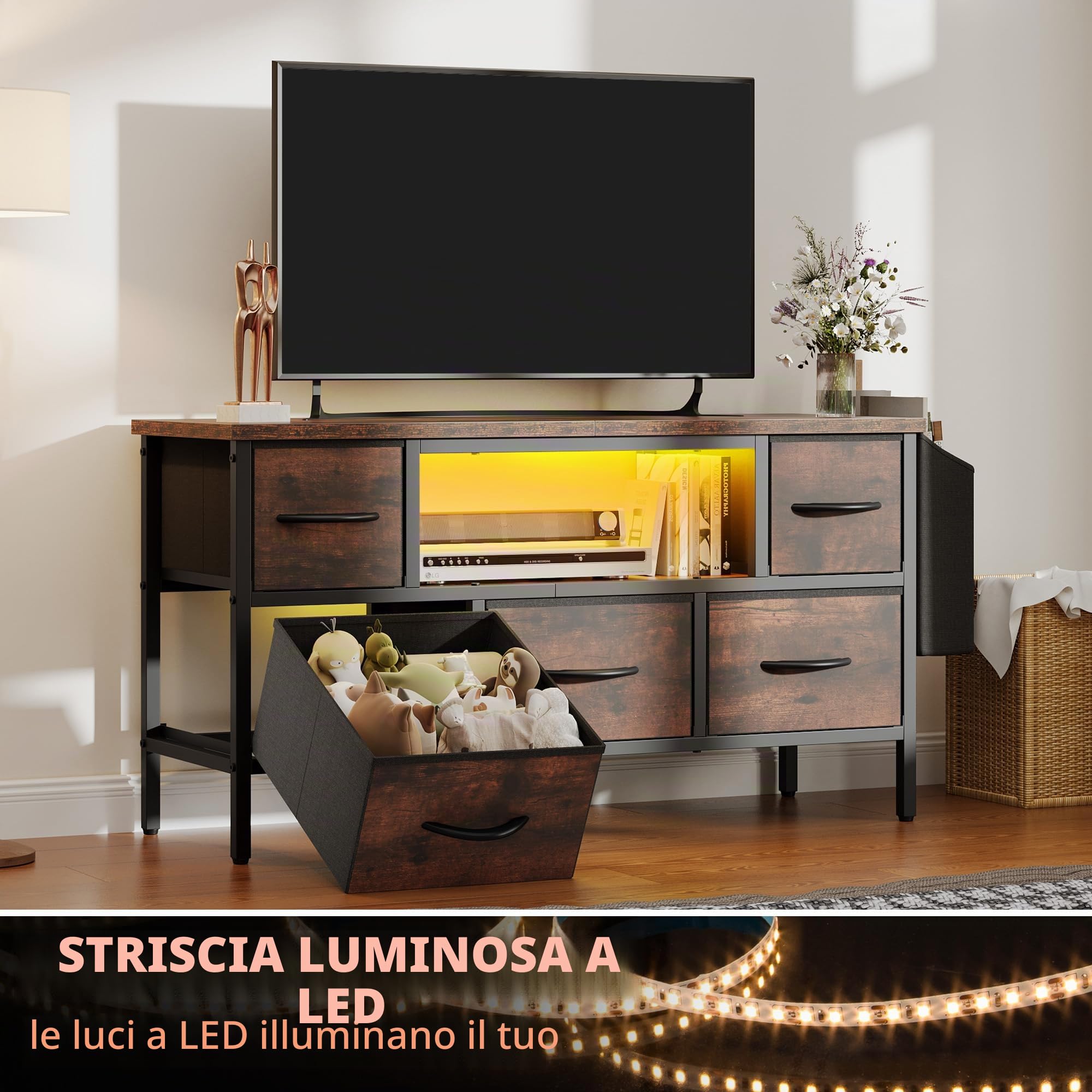 YITAHOME Mobile TV, mobile porta TV per soggiorno, con 5 cassetti pieghevoli e ripiani, supporto TV con illuminazione a LED RGB, centro di intrattenimento per PS5 (marrone)