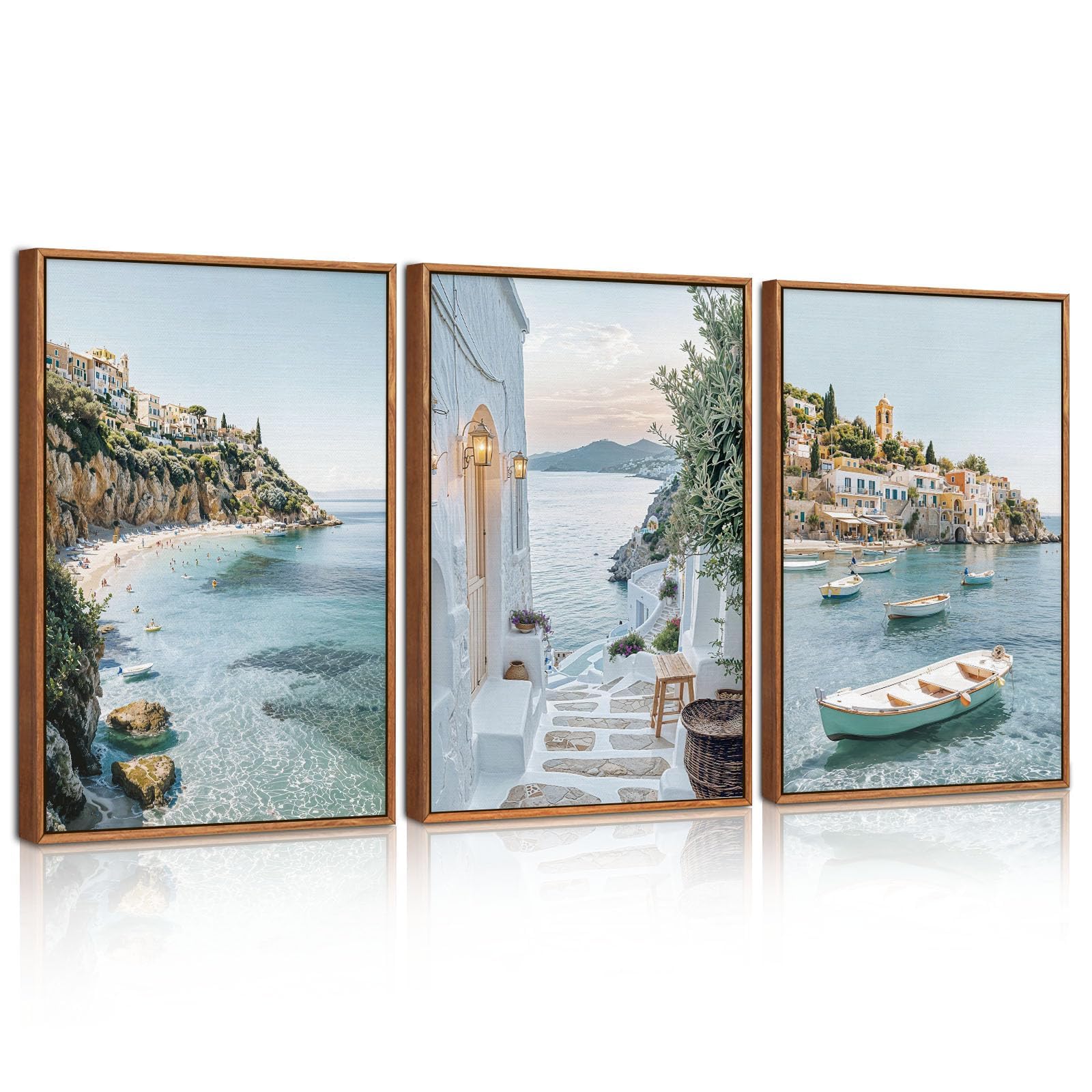 Celestdeco Natural Coastal Ocean Framed Canvas Wall Art Set,Modern Whitewashed Architecture Scenery Wall Decor, Mediterranean Beach Boat Landscape Poster for Living Room, Bedroom 30x40cm