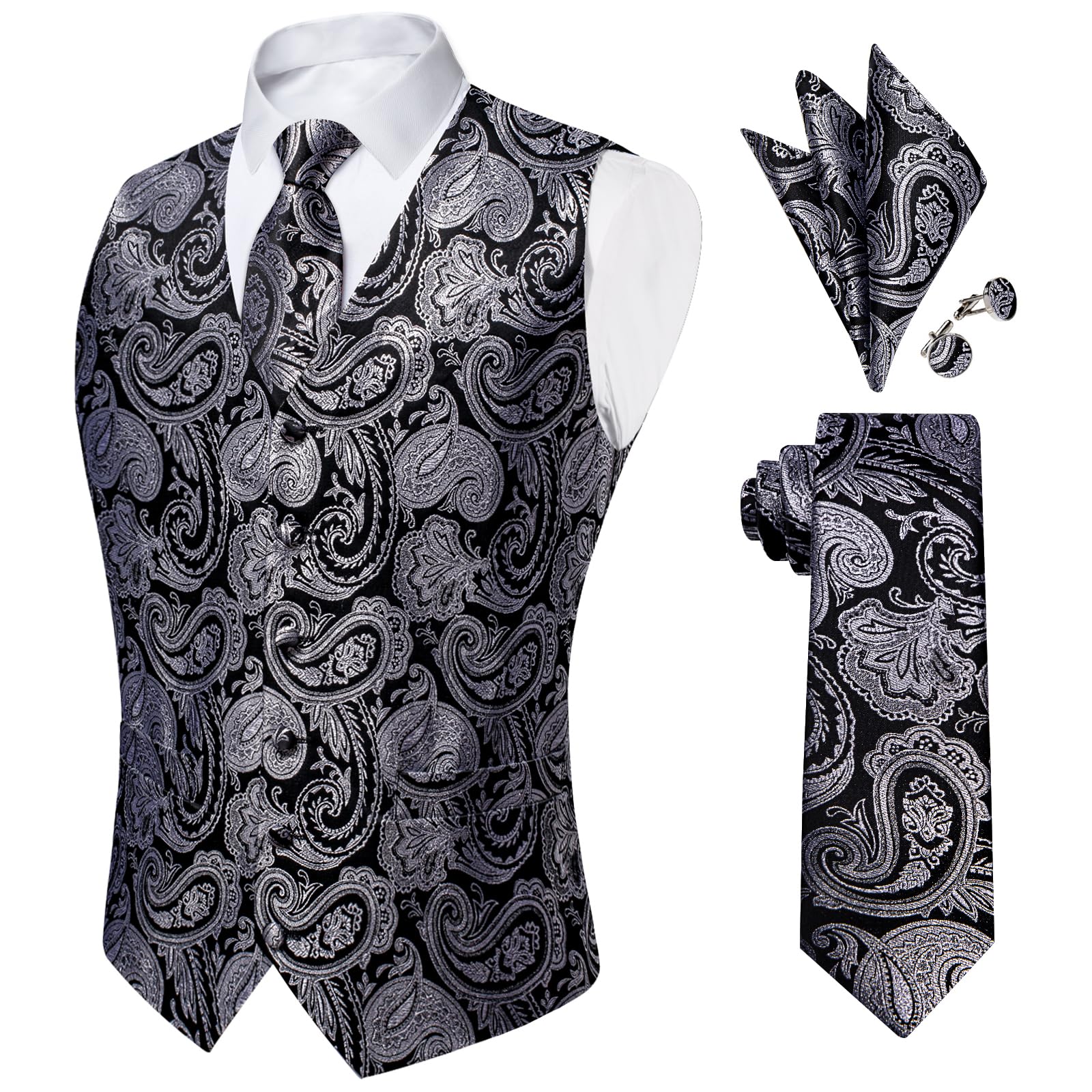 DiBanGu Mens Paisley Vest Silk Sleeveless Suit Vest and Neck Tie Pocket Square Cufflinks Set for Wedding Formal