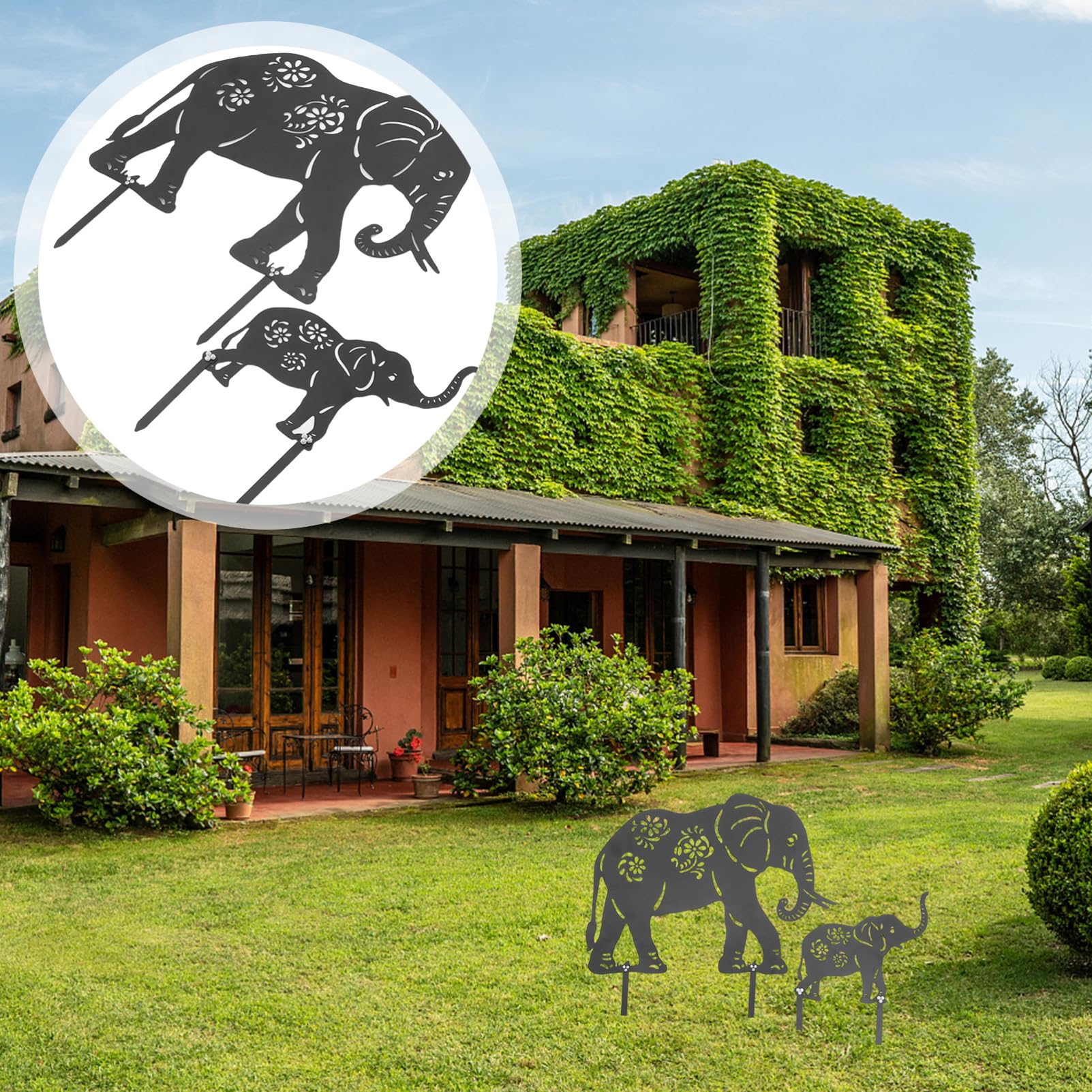 ibasenice Elefanten Einfache Installation aus Eisen 2 Stück Gartenstecker Schwarze Metall Gartendeko für Außenbereich für Rasen und Gartenliebhaber