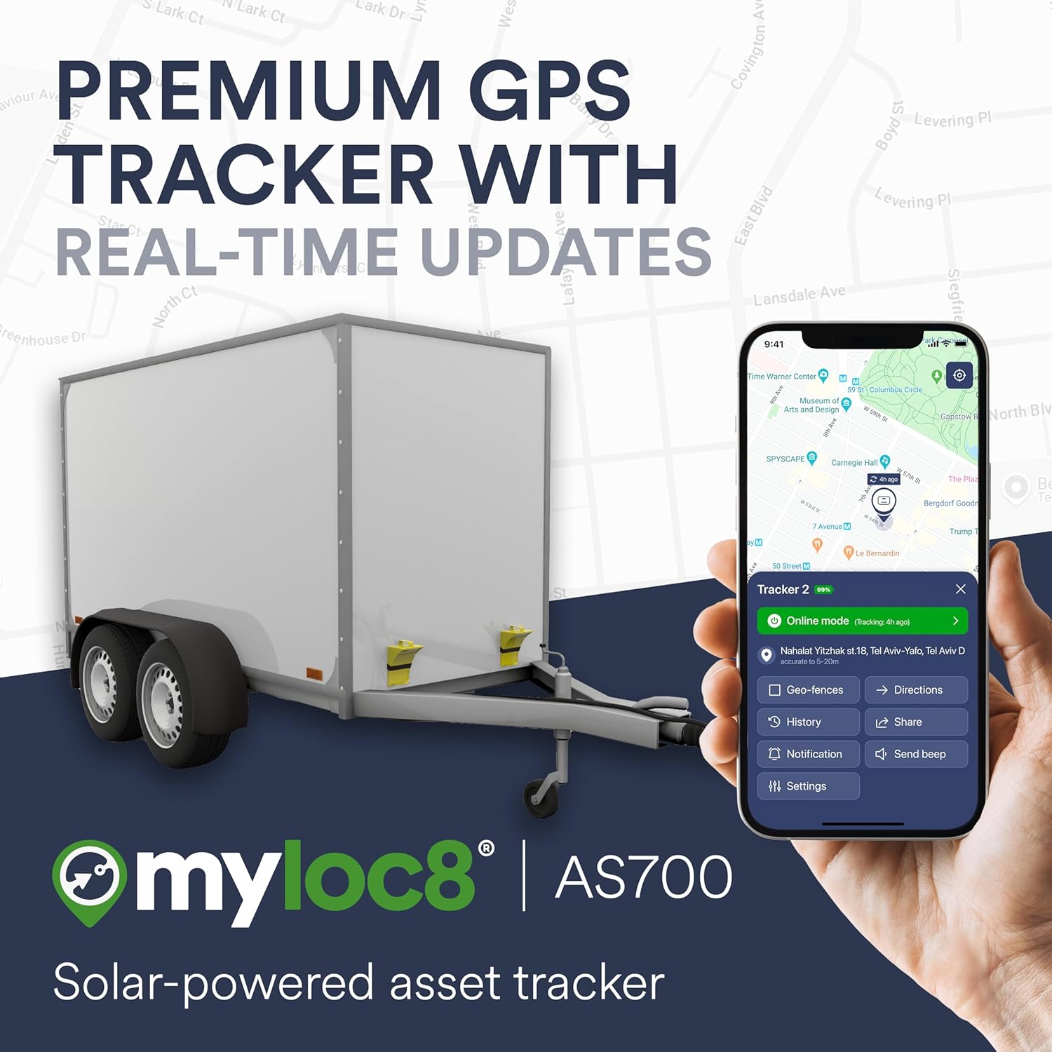 GPS Tracker for Vehicles – Solar Powered Asset Tracking Device with Real-Time Location, 8-Year Battery, Motion & Tamper Alerts, Rugged Waterproof IP69K, Indoor WiFi + Bluetooth – Global SIM