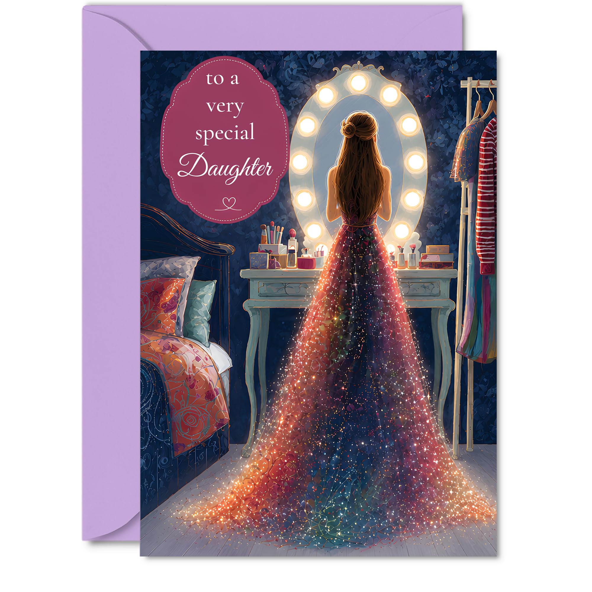 Heartfelt Birthday Card for Daughter - Glamour and Sparkle for a Special Day - Daughter at Her Vanity in a Stunning Gown - Celebrate Her in Style - 5X7 Inch, Envelope Included